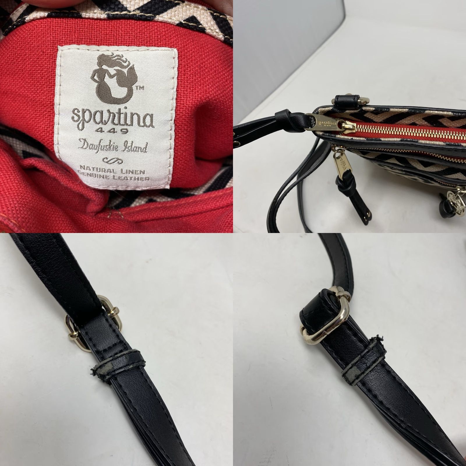 Vintage Spartina 449 Leather & Linen Handbag Crossbody Purse Zip Pockets Black Tan Casual Women Medium Cute! Size ONE SIZE - 8 Thumbnail