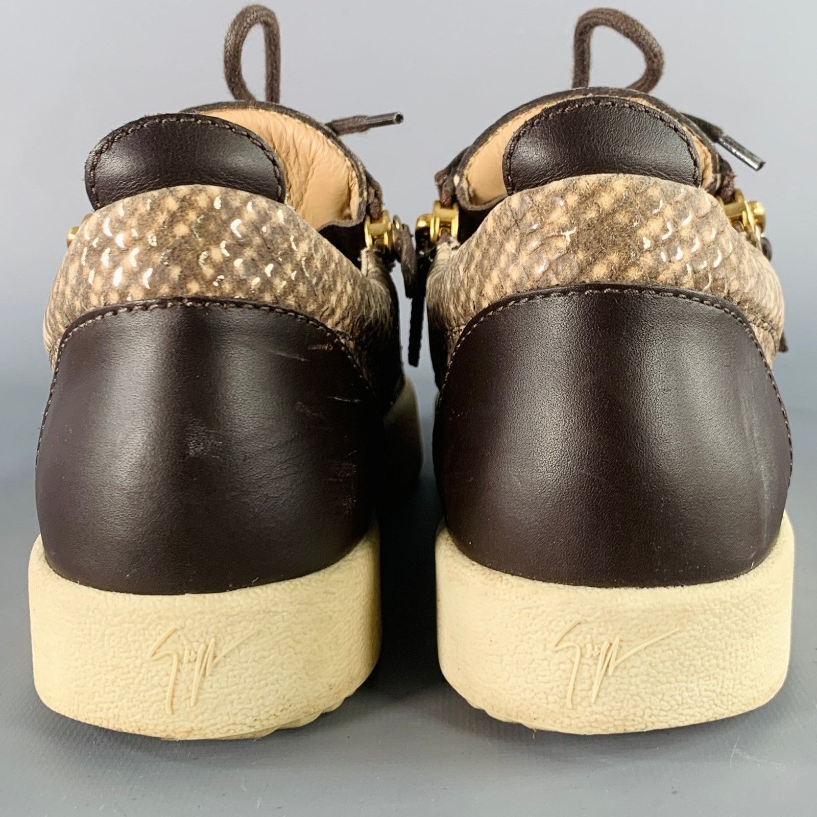 Giuseppe Zanotti 9 Beige Brown Leather Textured Double Side Zipper Sneakers Size US 9 / IT 39 - 3 Thumbnail