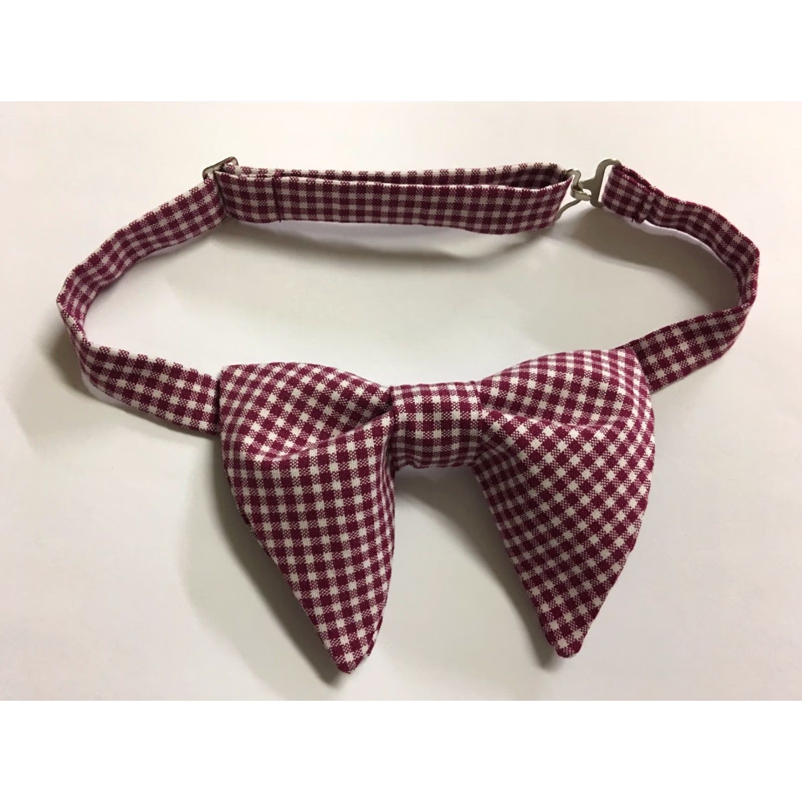VINTAGE Handmade Bow Tie 70s Burgundy Gingham Check Plaid Pre-tied Wedding Gift for Him Mens