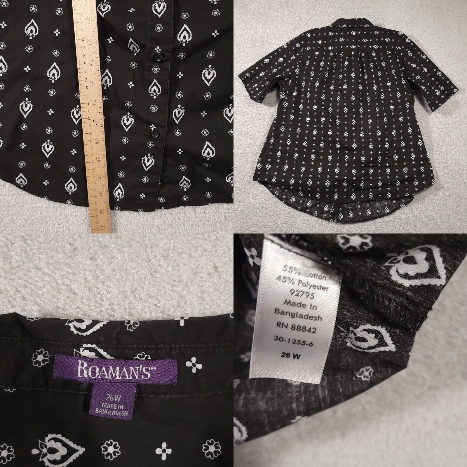 Vintage Roaman's Button-Up Shirt Women's 26W Black Floral Short Sleeve Collared Casual Size 4XL / US 24-26 - 8 Thumbnail