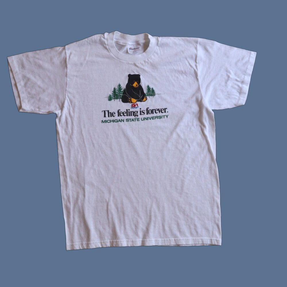 VINTAGE Michigan State University Bear Shirt Mens S White Graphic Print Graphic Print 90s