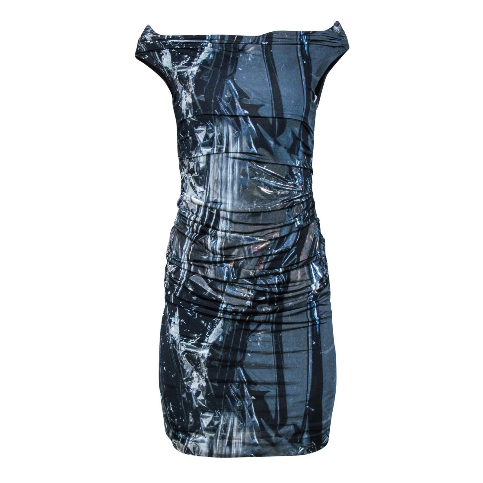 Image of Helmut Lang Dress Womens 4 Black Blue Foil Print (Size Small)