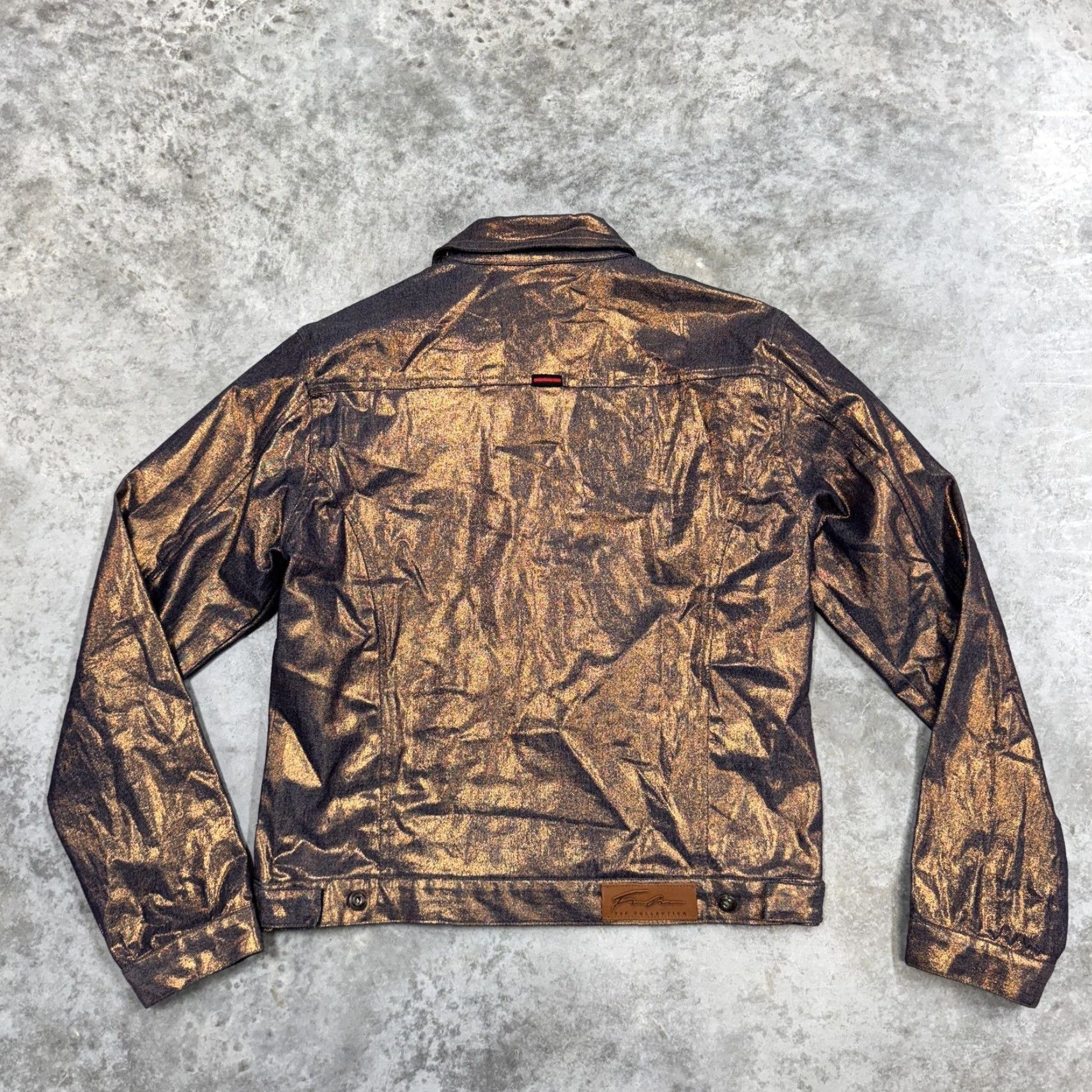 Fubu FUBU Jacket Womens L Gold Denim Trucker Collection Metallic Coated Cotton Button Pockets Collared Casual Fall Spring Women Size L Size L / US 10 / IT 46 - 5 Thumbnail