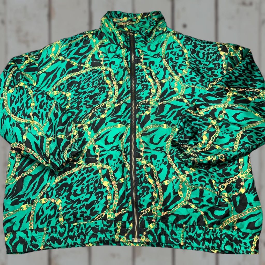 Vintage VINTAGE EVR Jacket Silk BOMBER Windbreaker Women’s XL 90s Leopard Gold Chains Black Green Short Zip Pockets Full Zip Casual Vintage Womens Size XL / US 12-14 / IT 48-50 - 1 Thumbnail