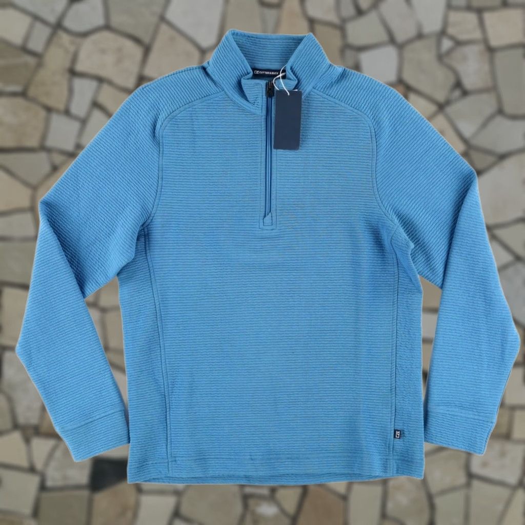 Cutter & Buck Cutter & Buck DryTec Cotton+ Ribbed 1/4 Zip Pullover Mock Long Sleeve Teal Men's M Shirt Size US M / EU 48-50 / 2 - 1 Thumbnail
