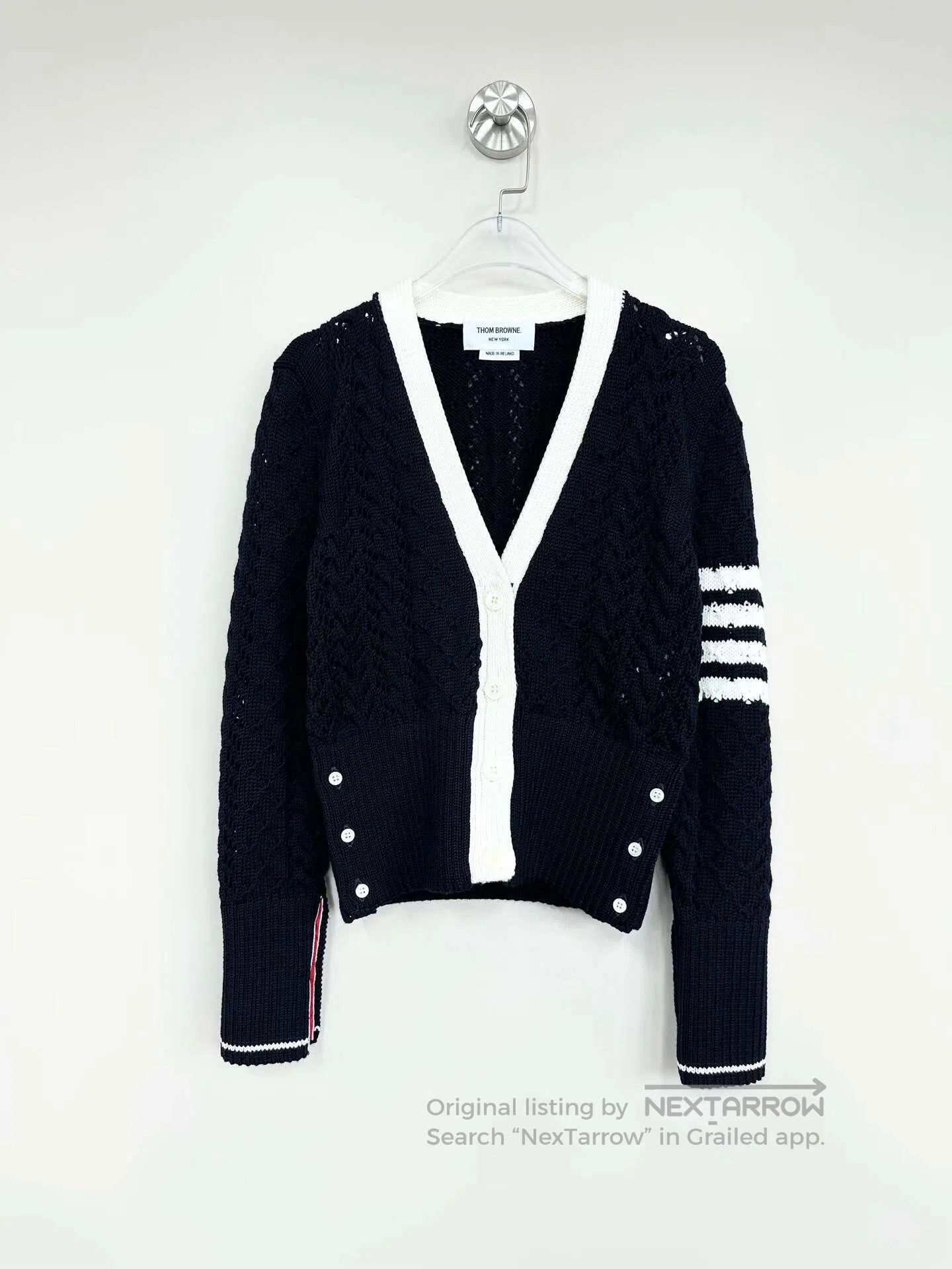 Thom Browne Thom Browne Black classic four-stripe openwork wool cardig Size S / US 4 / IT 40 - 1 Thumbnail
