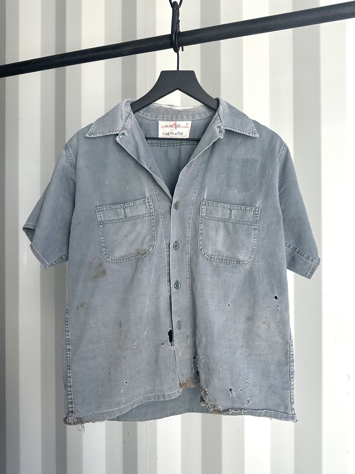 image of Vintage Thrashed Faded Distressed Mechanic Burnt Shirt in Grey, Men's (Size Medium)