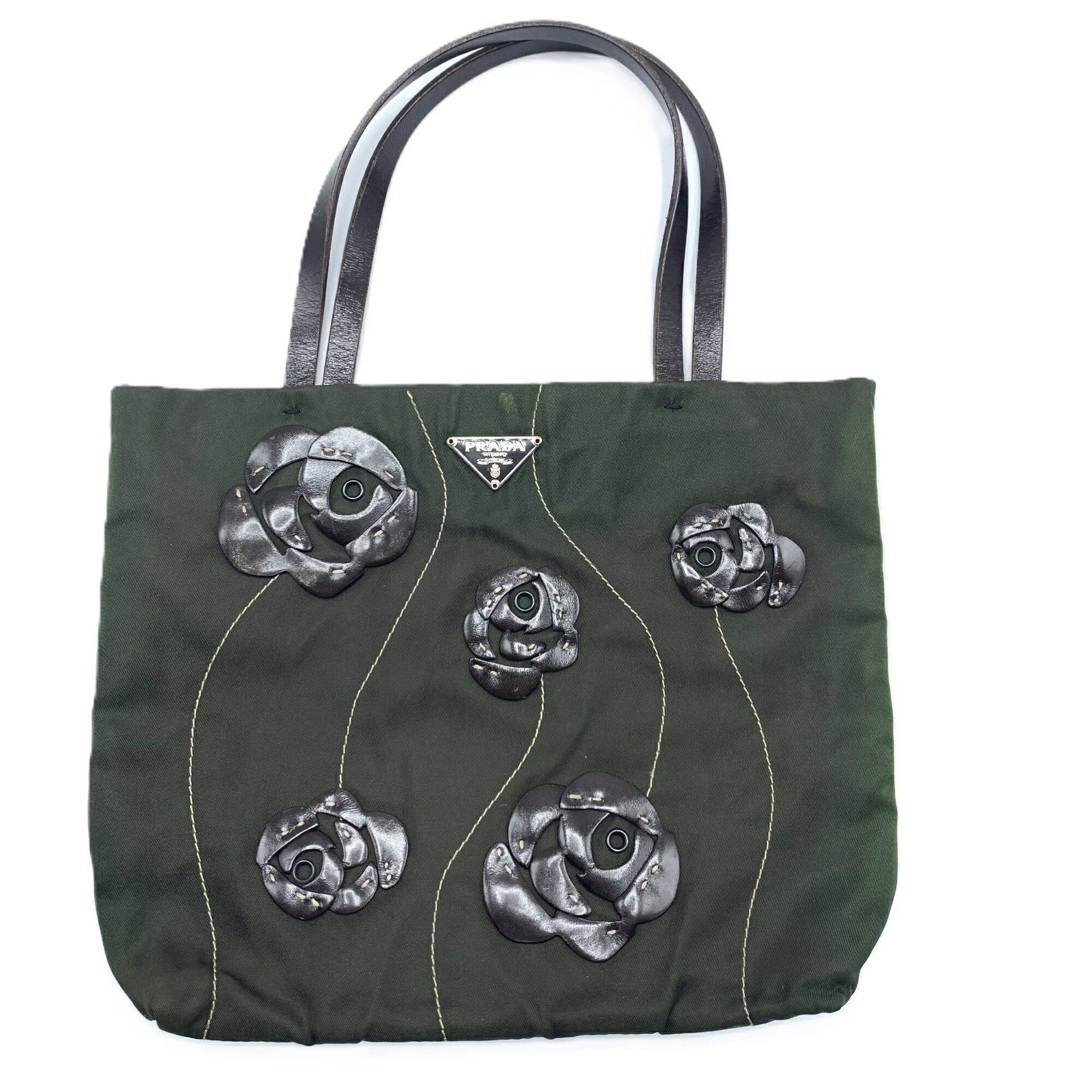 Prada Handbag B11256 Leather Flower Motif Nylon Mini Tote Bag Khaki Prada in Beige, Women's