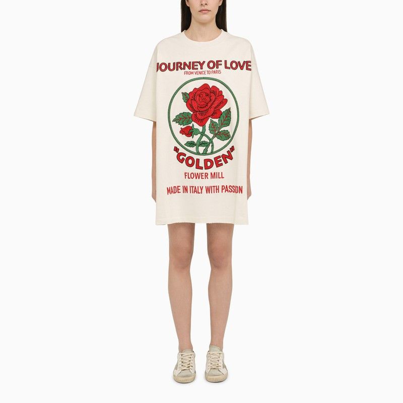 image of Golden Goose White T-Shirt Dress With Multicoloured Cotton Print, Women's (Size XS)