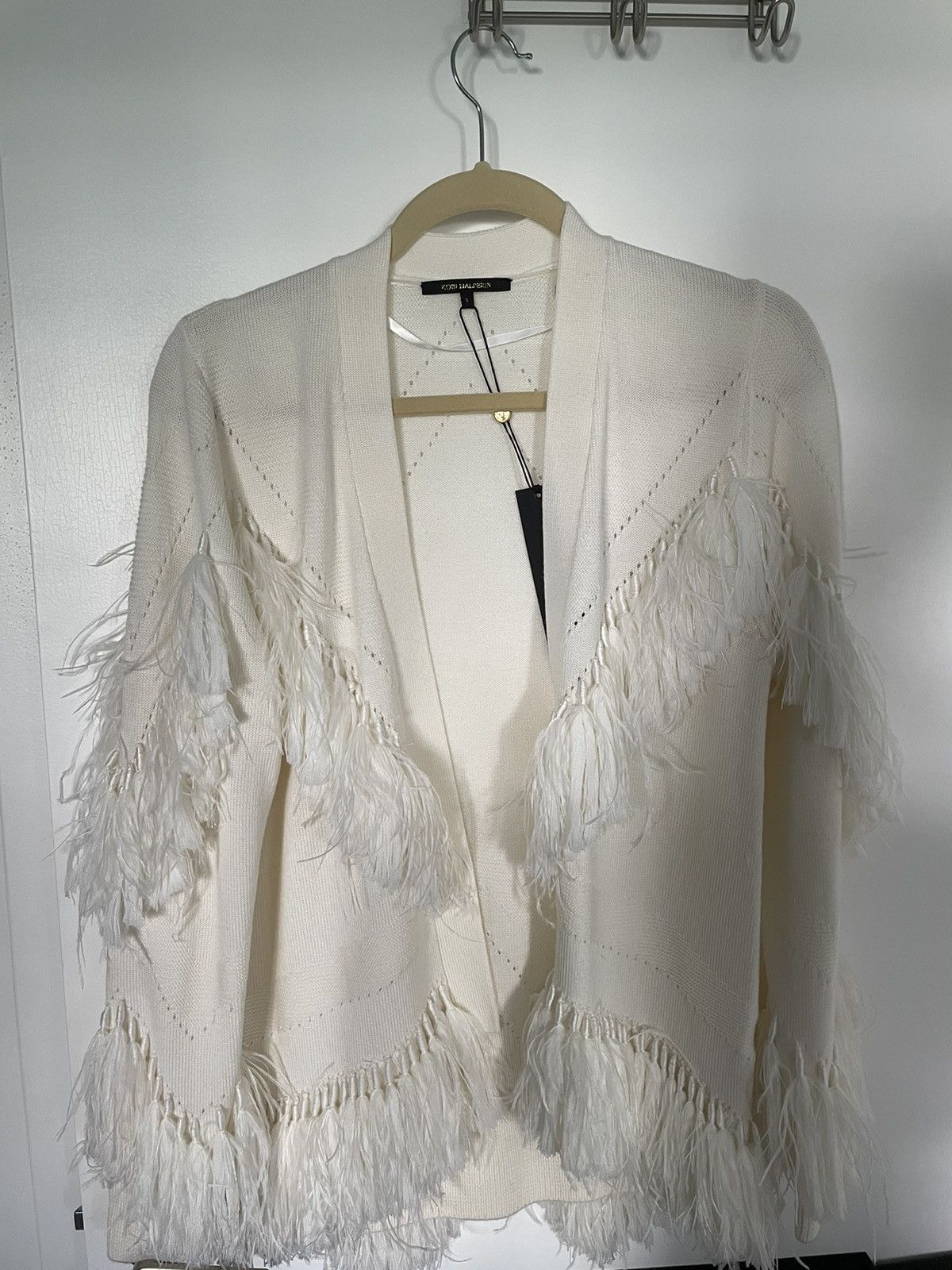 image of Kobi Halperin Clea Sweater Fringe Ostrich Feathers Ivory, Women's (Size Small)