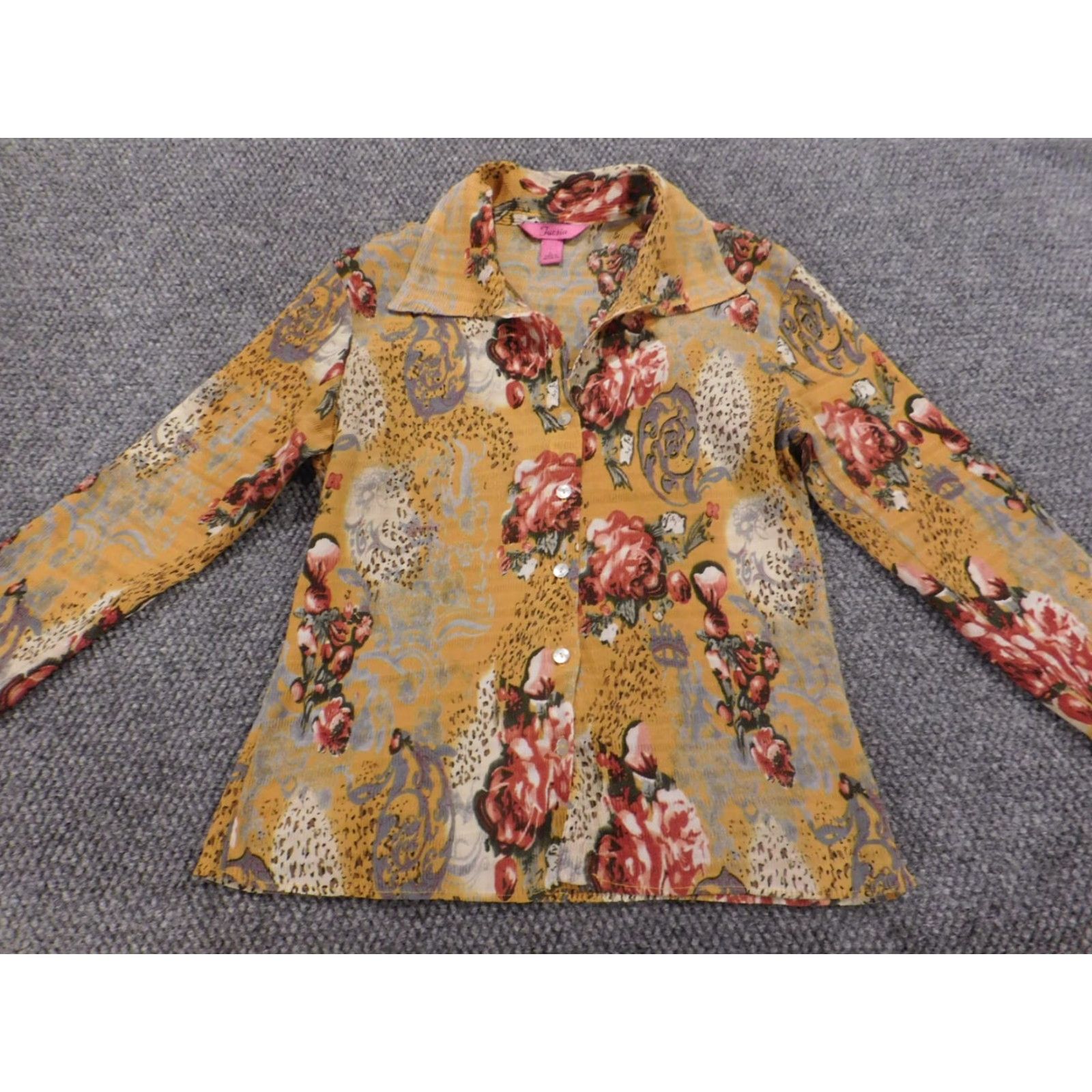 Vintage Fuchsia Womens Blouse Button-Up Short Sleeve Floral Yellow L Regular Cotton? (Note: Original materials mention Polyester/Rayon; no Cotton in original) Size L / US 10 / IT 46 - 2 Thumbnail