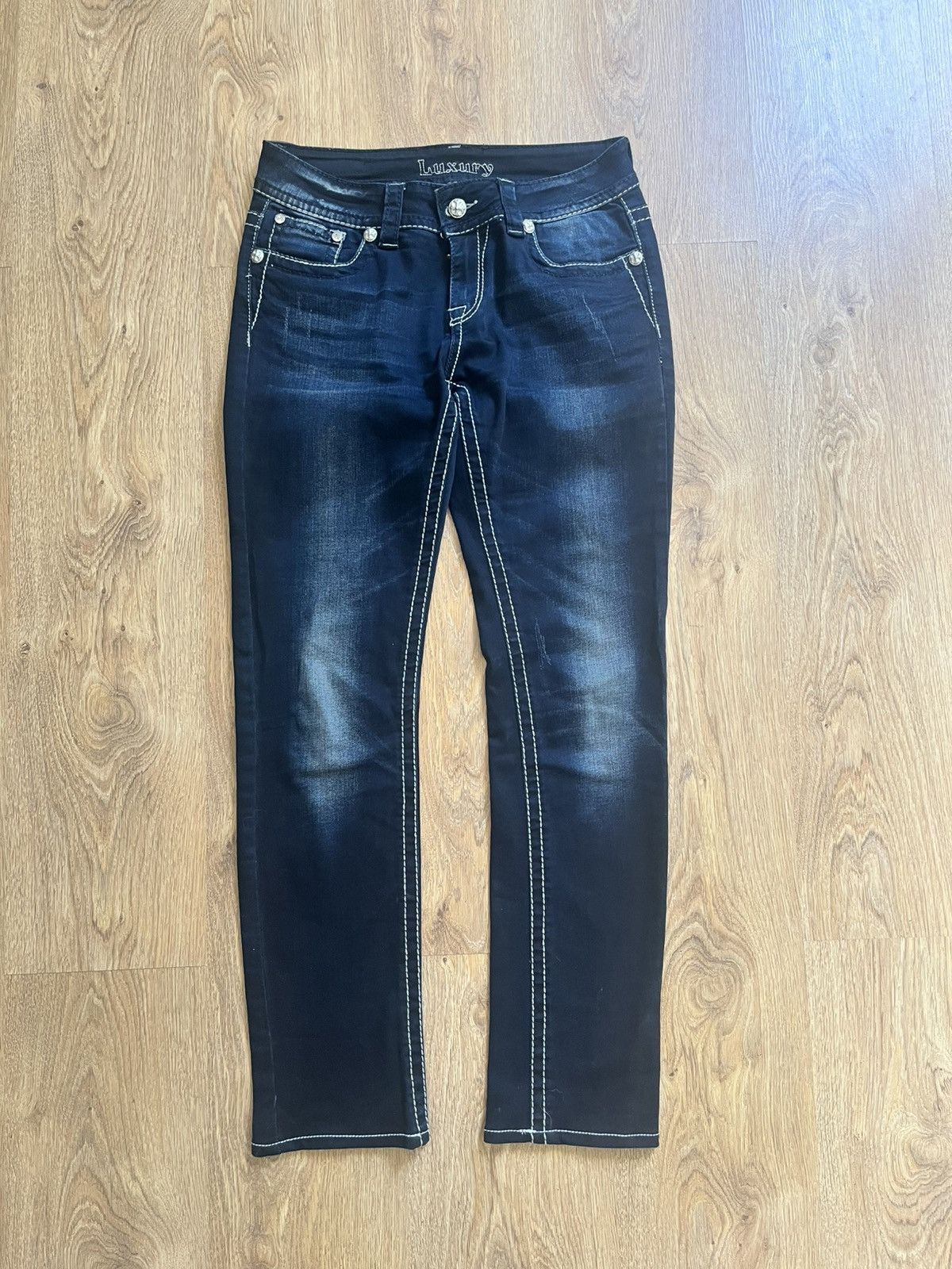 Miss Me Vintage Blue Monkey Luxury Rhinestone Flared Y2K Swag Jeans Size 27" / US 4 / IT 40 - 4 Thumbnail