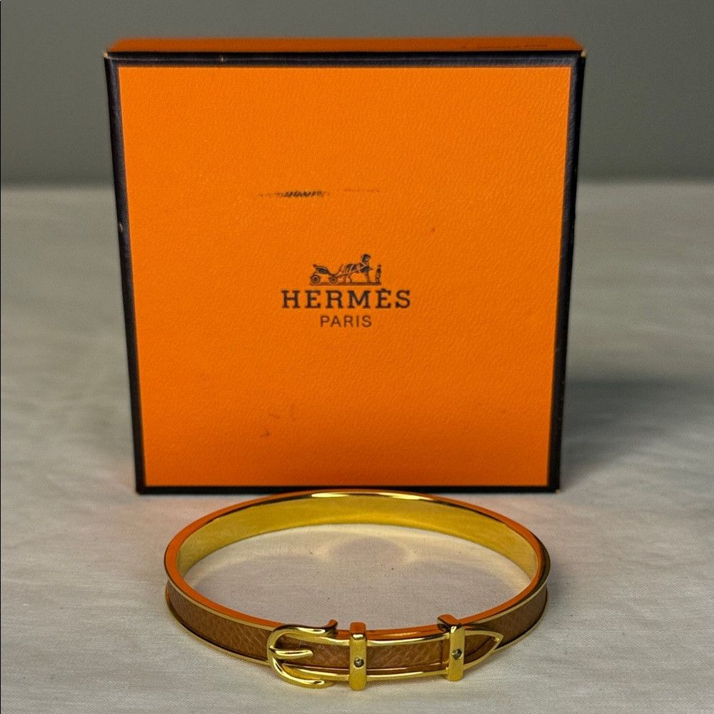 Hermes Hermès Boucle Sellier Bangle Brown Leather Gold Tone | Box Size ONE SIZE - 1 Thumbnail