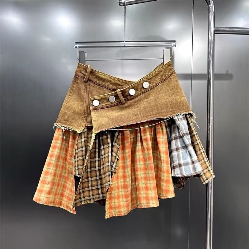 Other Vintage Retro Patchwork Asymmetrical Plaid Mini Skirt Size 28" / US 6 / IT 42 - 1 Thumbnail
