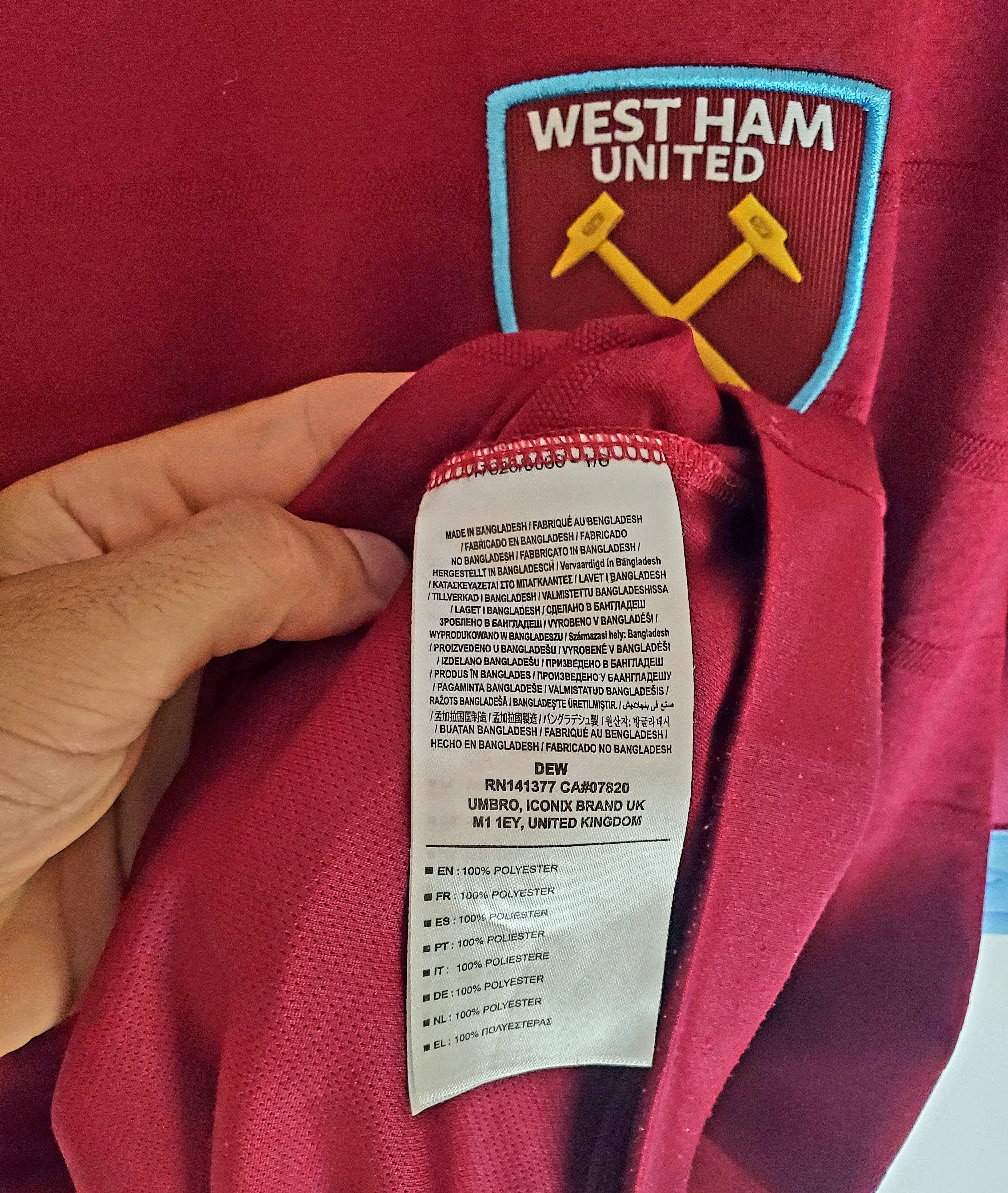Umbro 2018-19 West Ham United Home Shirt # 41 Rice perfect condi Size US XXL / EU 58 / 5 - 7 Thumbnail