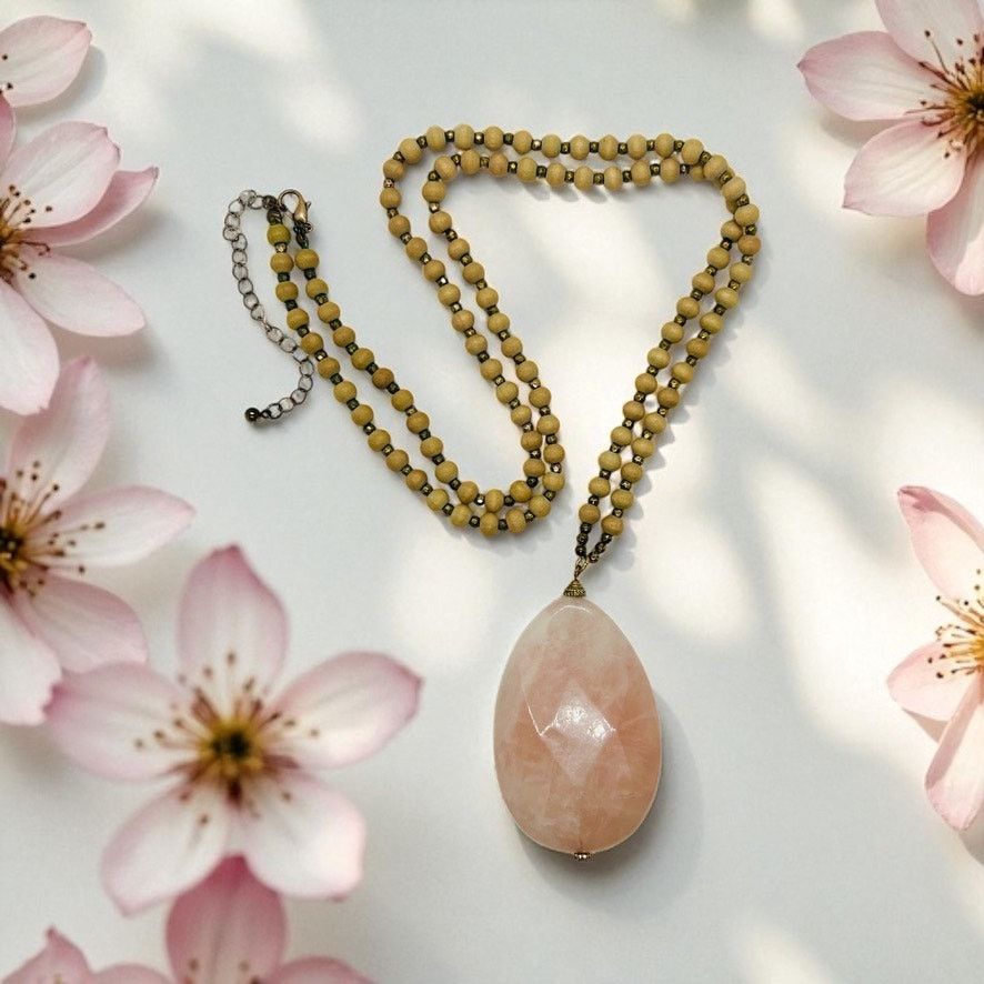 Vintage Rose Quartz Pendant Necklace-Wood Beads-Boho Chic-Gemstone Size ONE SIZE - 1 Thumbnail