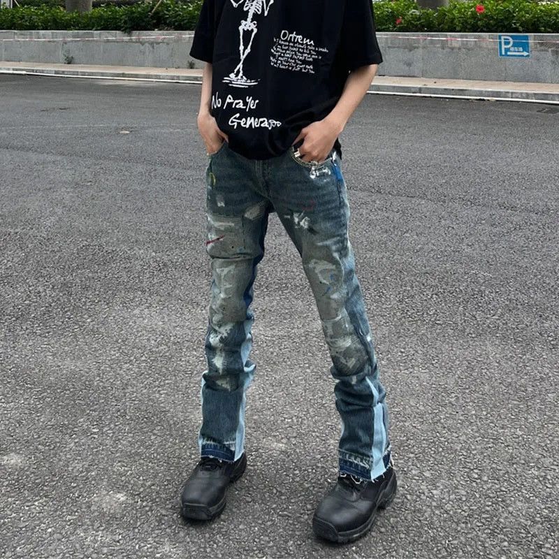 image of Distressed Denim Retro Ink Splash Patchwork Ripped Jeans Pant in Blue, Men's (Size 34)