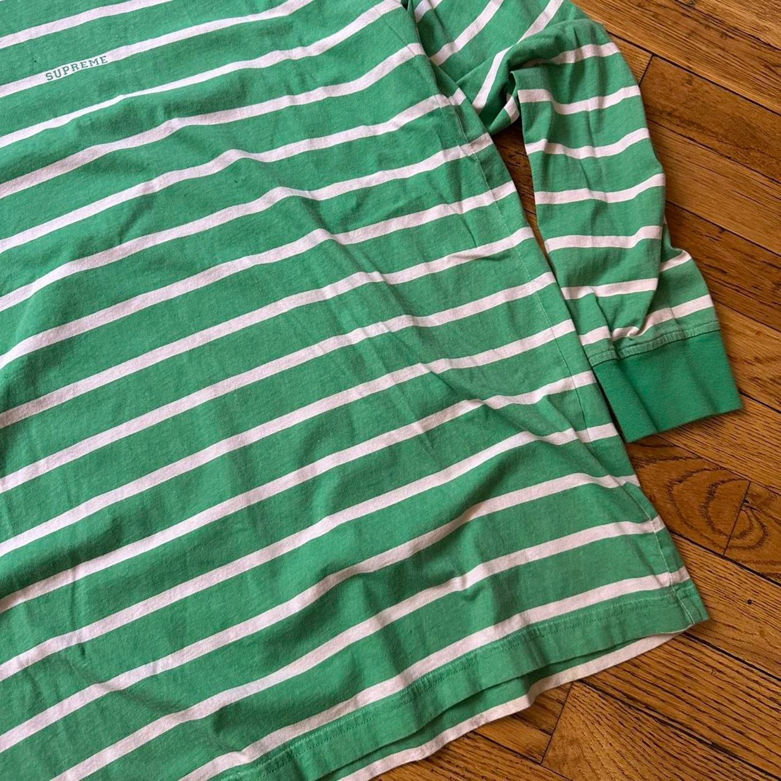 Supreme Supreme Green Striped Logo Spellout Basic Longsleeve Shirt Size US L / EU 52-54 / 3 - 2 Thumbnail