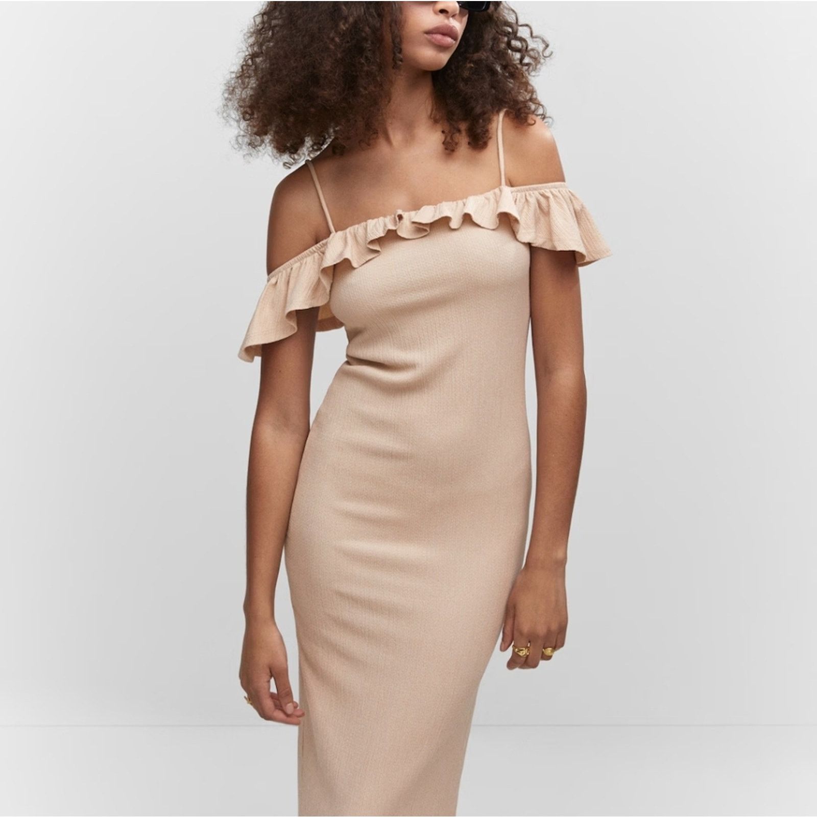 Mango Mango Janice Bone Nude Ruffle Sleeveless Midi Dress 6 NWT Size M / US 6-8 / IT 42-44 - 7 Thumbnail