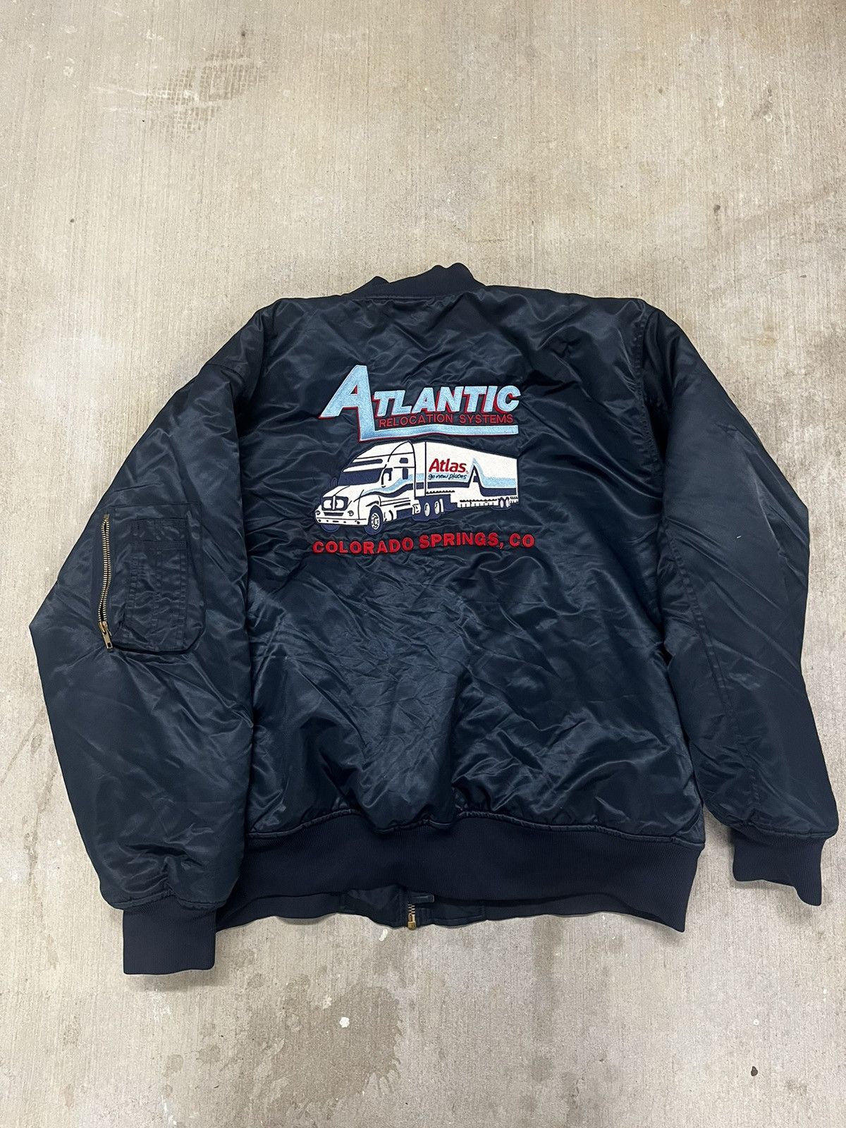 image of Vintage 90's Trucking Bomber With Crazy Embroidery in Blue, Men's (Size Large)