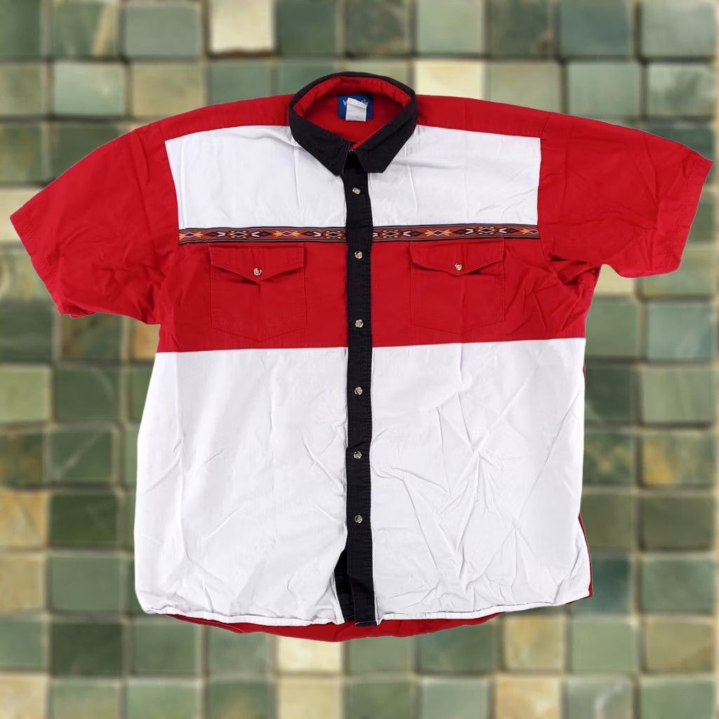 Wrangler VINTAGE Wrangler Pearl Snap Shirt Red Southwest Aztec Western Short Sleeve Mens XXXLT Size US XXL / EU 58 / 5 - 1 Thumbnail