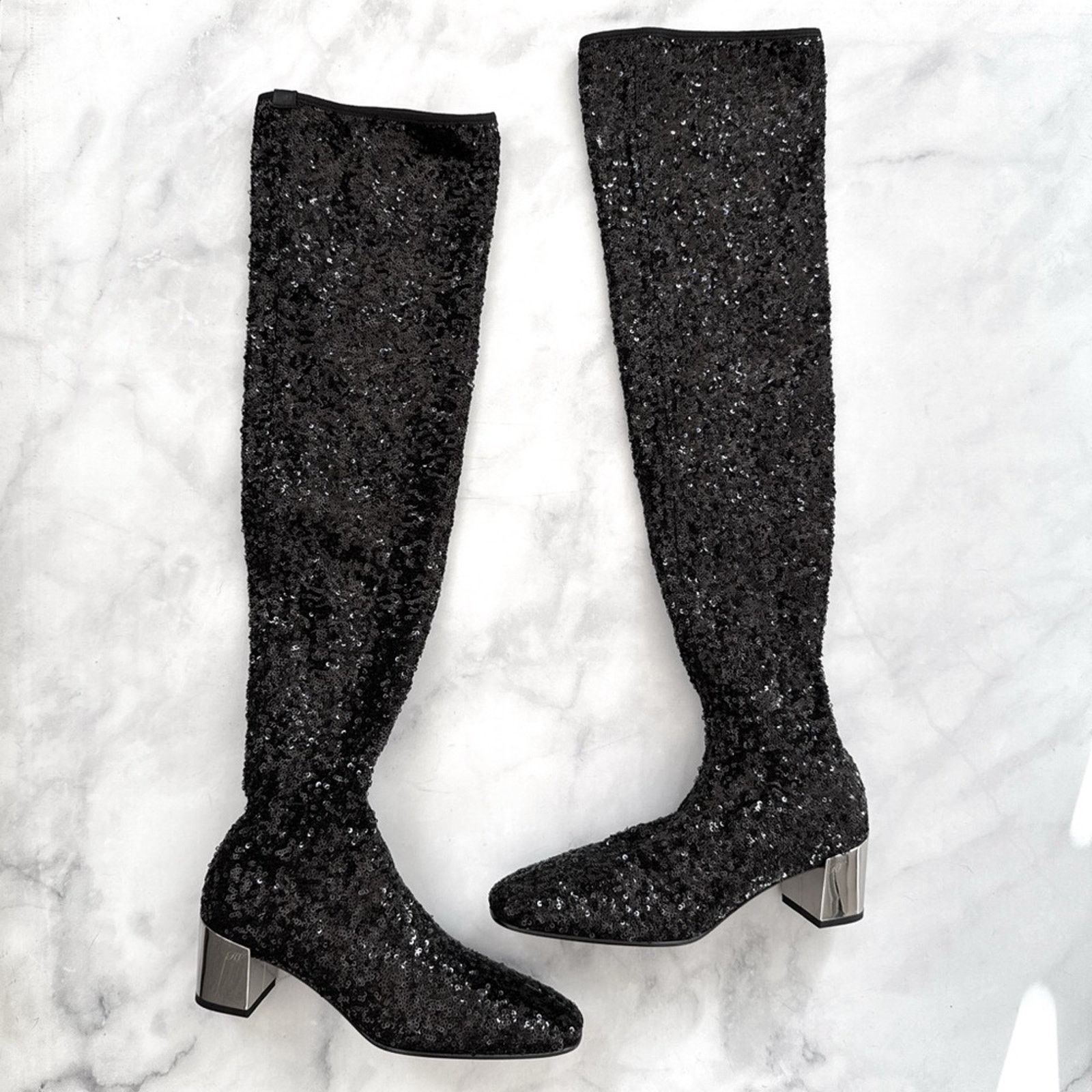 Roger Vivier NEW Roger Vivier Sequin OTK Over the Knee Boots Black 35 Size US 5 / IT 35 - 1 Thumbnail