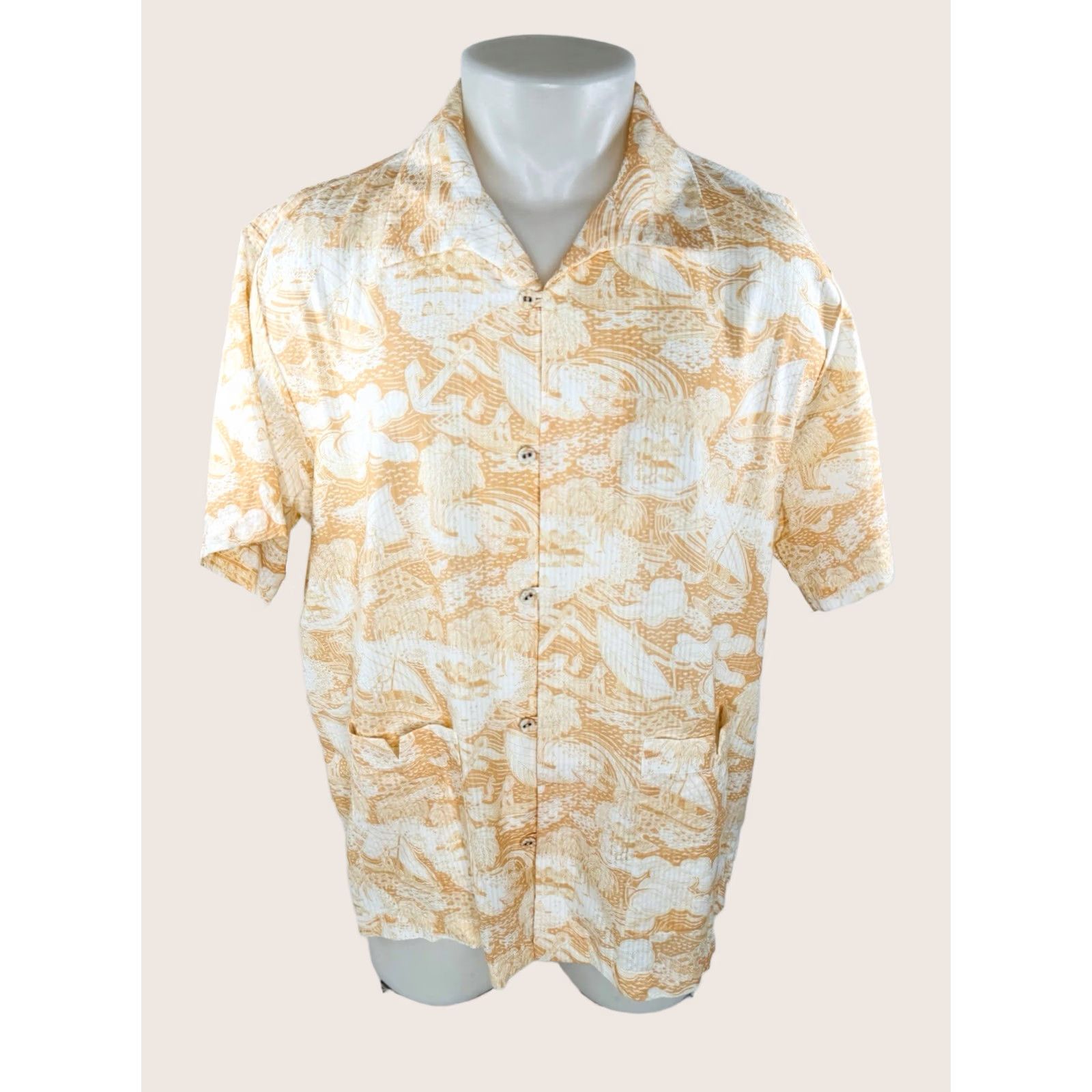 Tombolo TOMBOLO - Nautical Sailboat Guayabera Cloth Button-Up Hawaiian Aloha Shirt EXC - Salmon / White, L, Men, Short Sleeve, Button-Up, Hawaiian Theme, C9 Size US L / EU 52-54 / 3 - 1 Thumbnail
