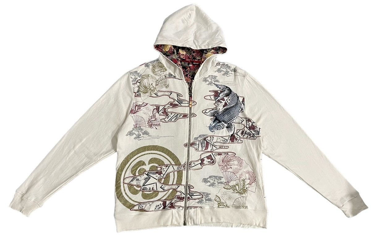image of Bullet Noise Sukajan Overprint Hoodie Jacket in White, Men's (Size Medium)