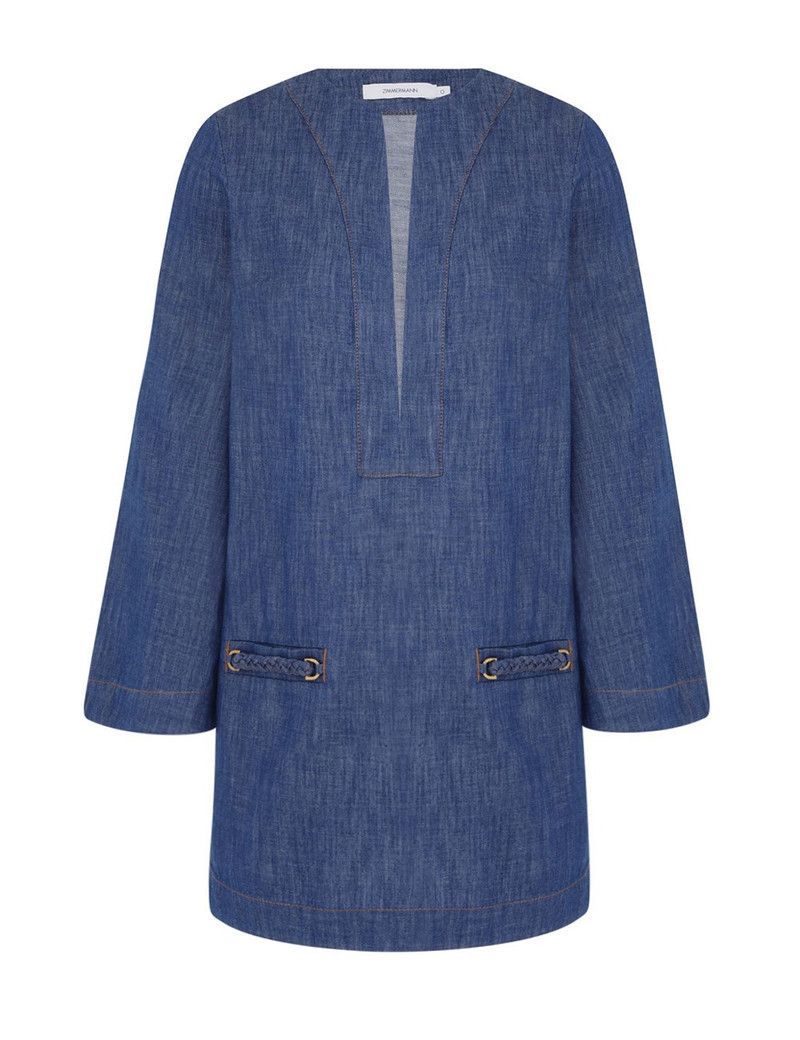 Zimmermann oc11z0226 Wylie Denim Tunic Dress In Blue Size L / US 10 / IT 46 - 1 Thumbnail