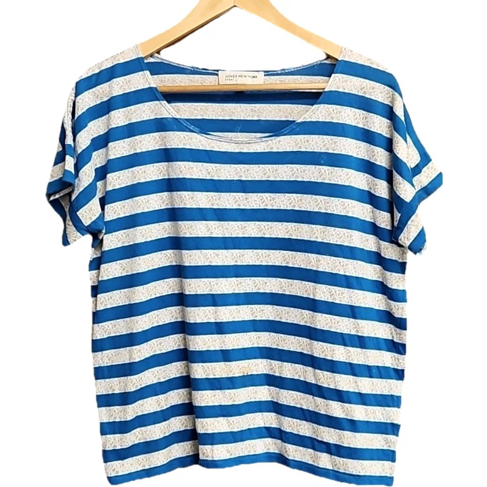 Jones New York Jones New York Sport Blue White Striped Top Medium T-Shirt Knit Cotton Blend Women Crew Neck Short Sleeve Coastal Chic Mens? No Size M / US 6-8 / IT 42-44 - 2 Thumbnail
