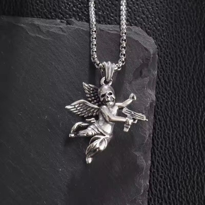 Jewelry Goth Devil Skull Angel Holding Machine Gun Pendant Necklace Size ONE SIZE - 5 Thumbnail