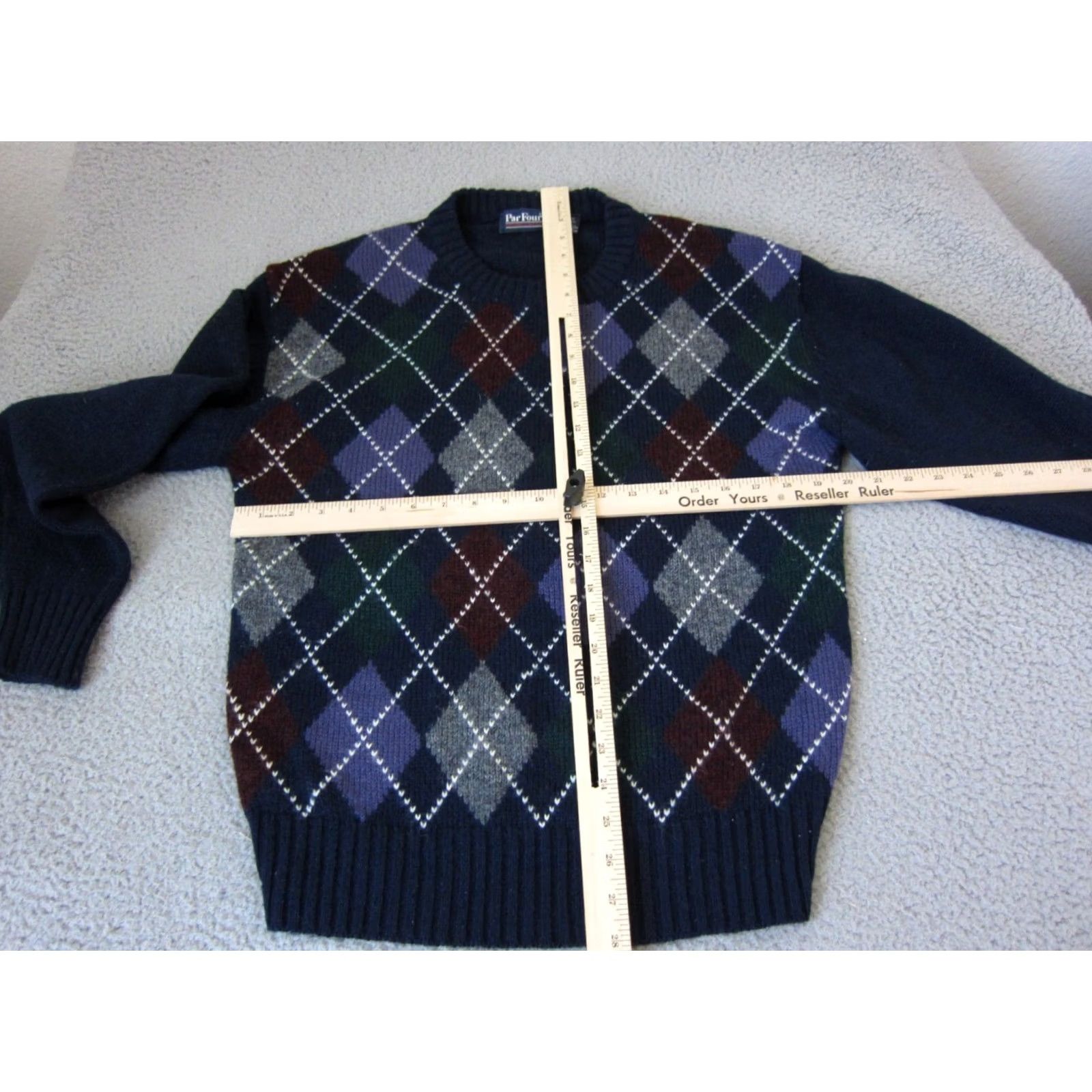 Vintage VINTAGE Par Four Sweater Mens Pullover Knit Crew Neck Wool 80s Blue Green Purple Argyle Large Mens Size US L / EU 52-54 / 3 - 7 Thumbnail