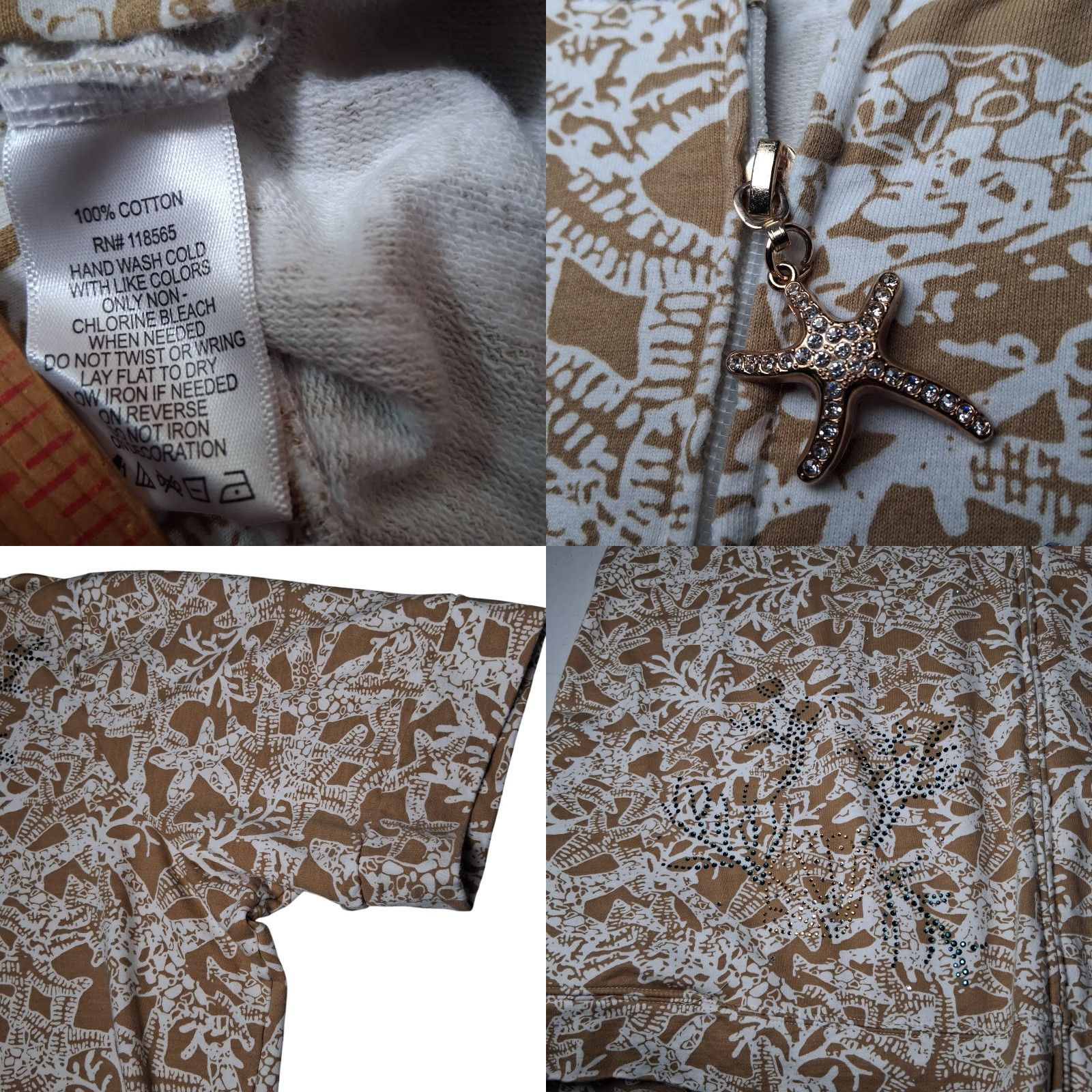 Quacker Factory Quacker Factory Shirt Women Plus Size 3X Hooded Full Zip Beige Starfish Beach Shirt Hoodie Beach, Tropic, Starfish, Vacation Womens 3X Size XXL / US 16-18 / IT 52-54 - 8 Thumbnail