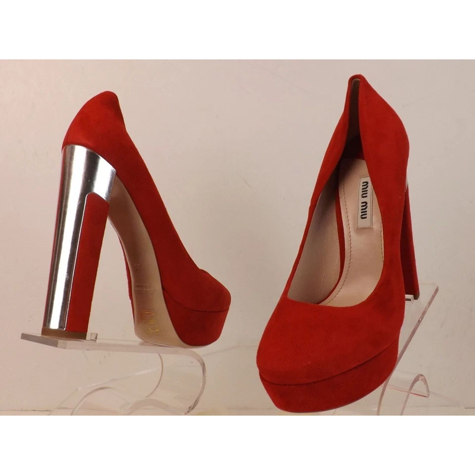Miu Miu MIU MIU PRADA 5IP334 RED SUEDE SILVER MIRROR HEEL PUMPS 37.5 Size US 7.5 / IT 37.5 - 2 Thumbnail