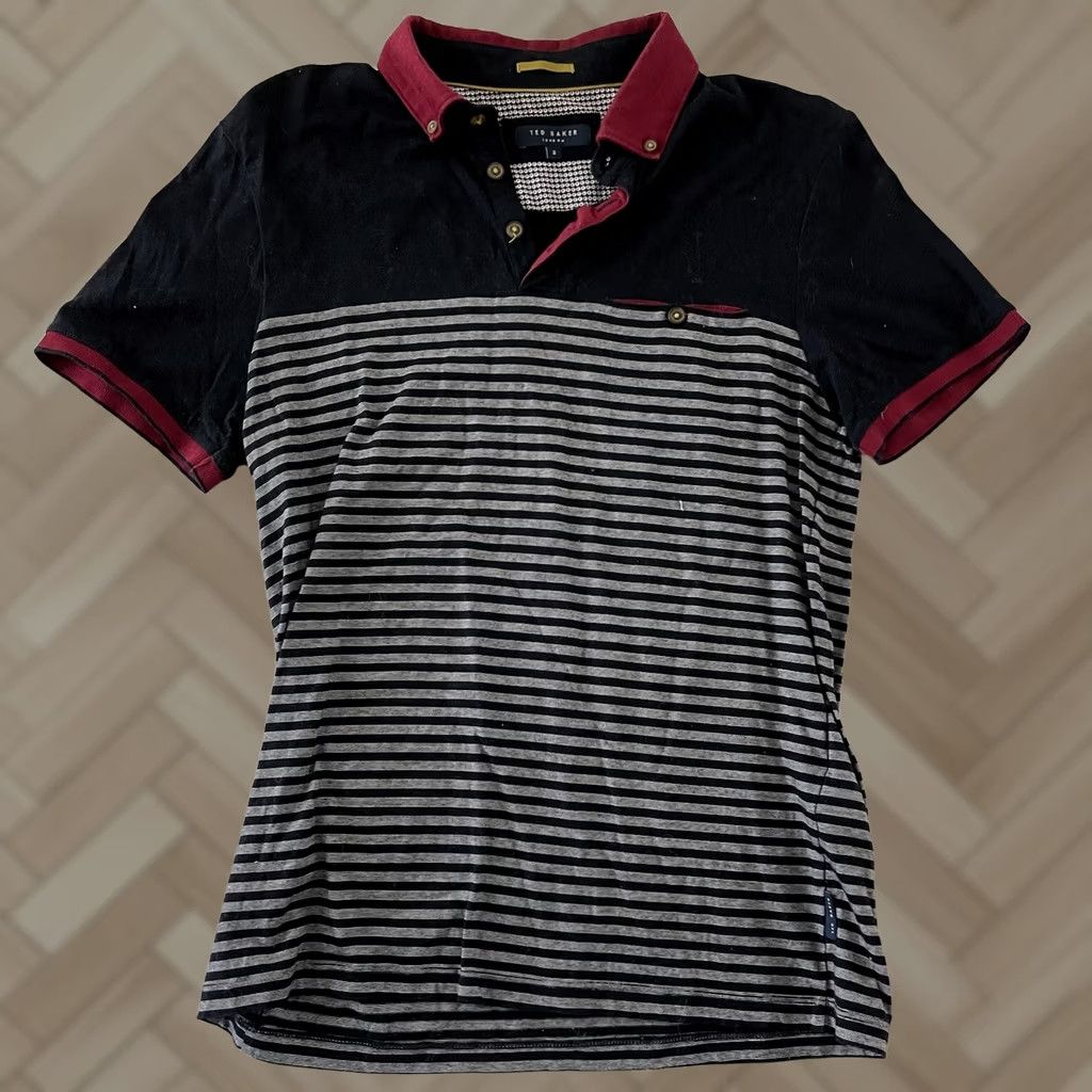 Ted Baker Ted Baker Short Sleeve Striped Polo Shirt Men 2 Black Maroon Button-Up Apparel Shirt Mens Polo Shirt Black Striped 2 Decade 2010s Size US XS / EU 42 / 0 - 1 Thumbnail