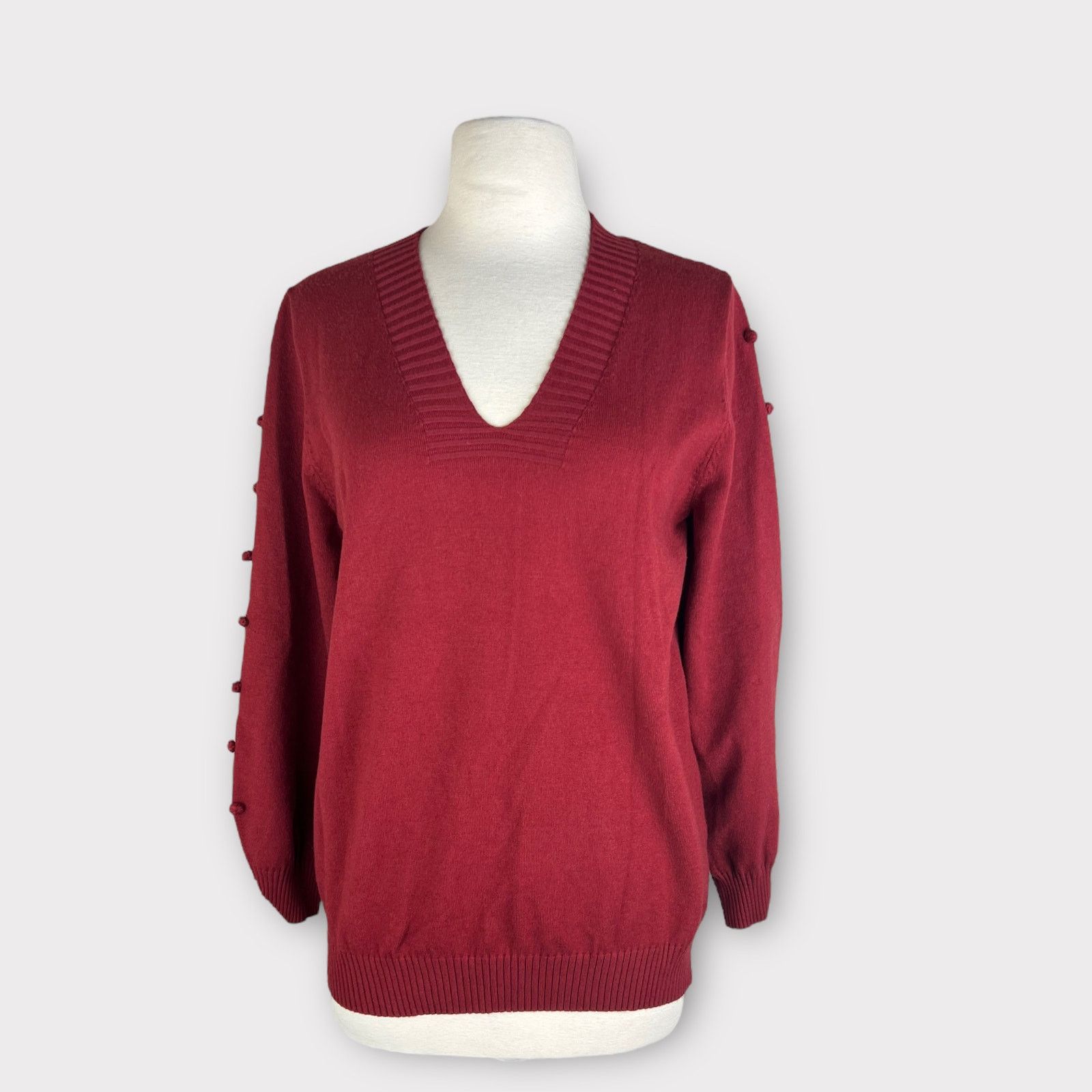 Vintage Vintage 80s | Burgundy Pom Pom Accent Pullover V-Neck Size S / US 4 / IT 40 - 7 Thumbnail
