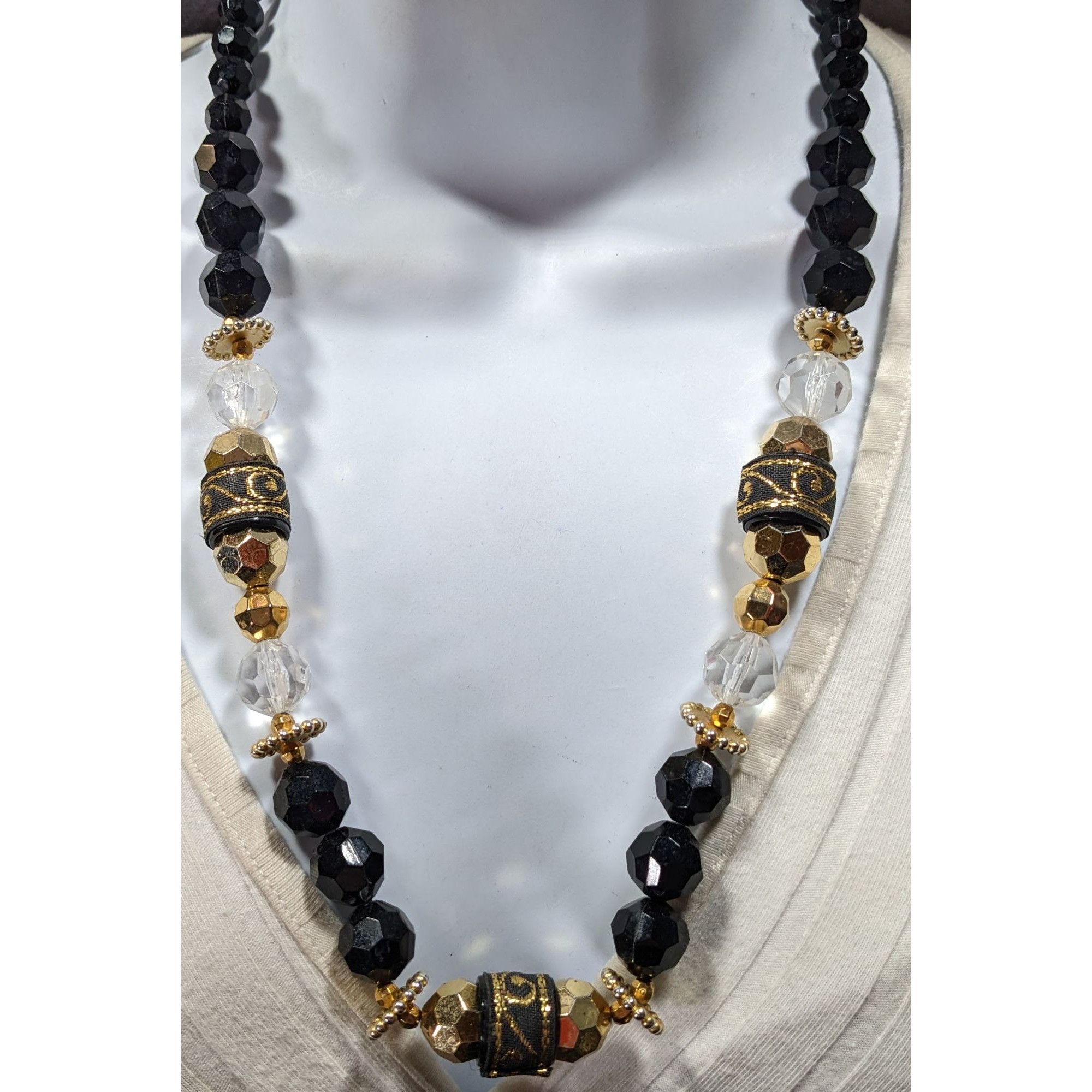 Other Chunky Glam Black And Gold Tone Beaded Necklace With Ribbon Size ONE SIZE - 2 Thumbnail