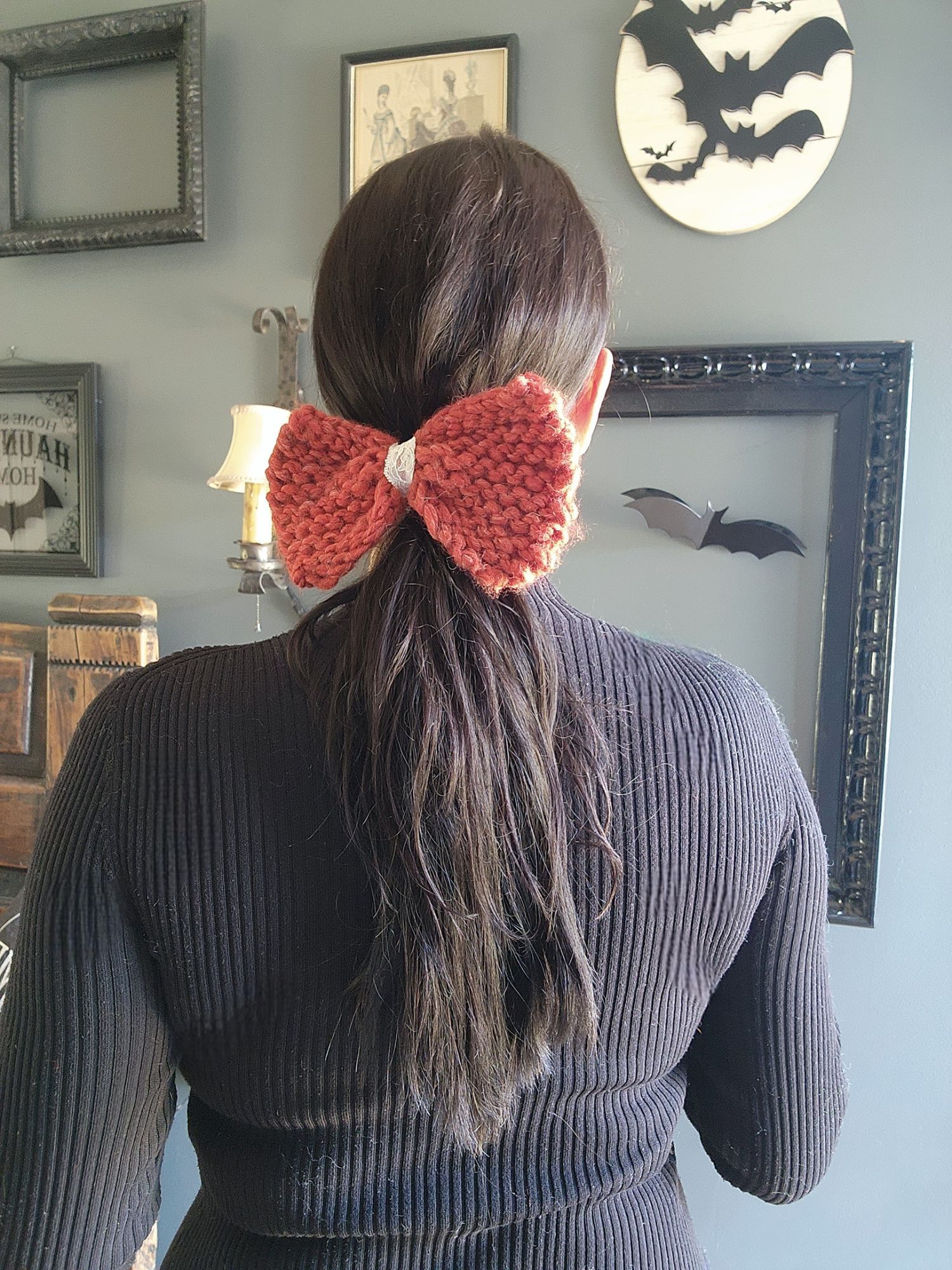 Other Knit Hair Bow, Handknitted Rust Orange Ponytail Holder or Ha Size ONE SIZE - 6 Thumbnail