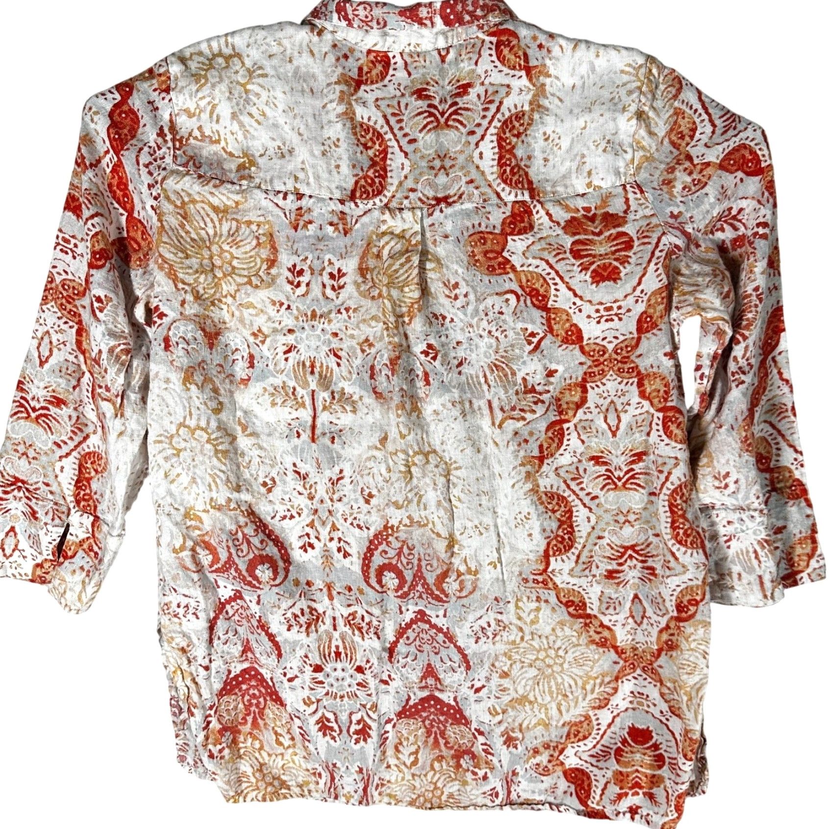 Vintage Chicos Tunic 100% Linen Blouse Orange Paisley Lagenlook Artsy Bohemian Linen Top Womens 12 Long Sleeve Casual Dressy Vintage? Size XL / US 12-14 / IT 48-50 - 3 Thumbnail