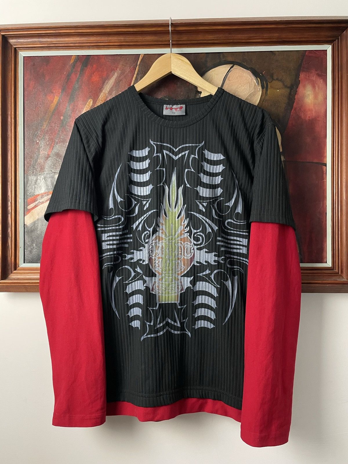 image of Y2K Avant Garde Tribal Emo Longsleeve Streetwear in Black Red, Men's (Size Medium)