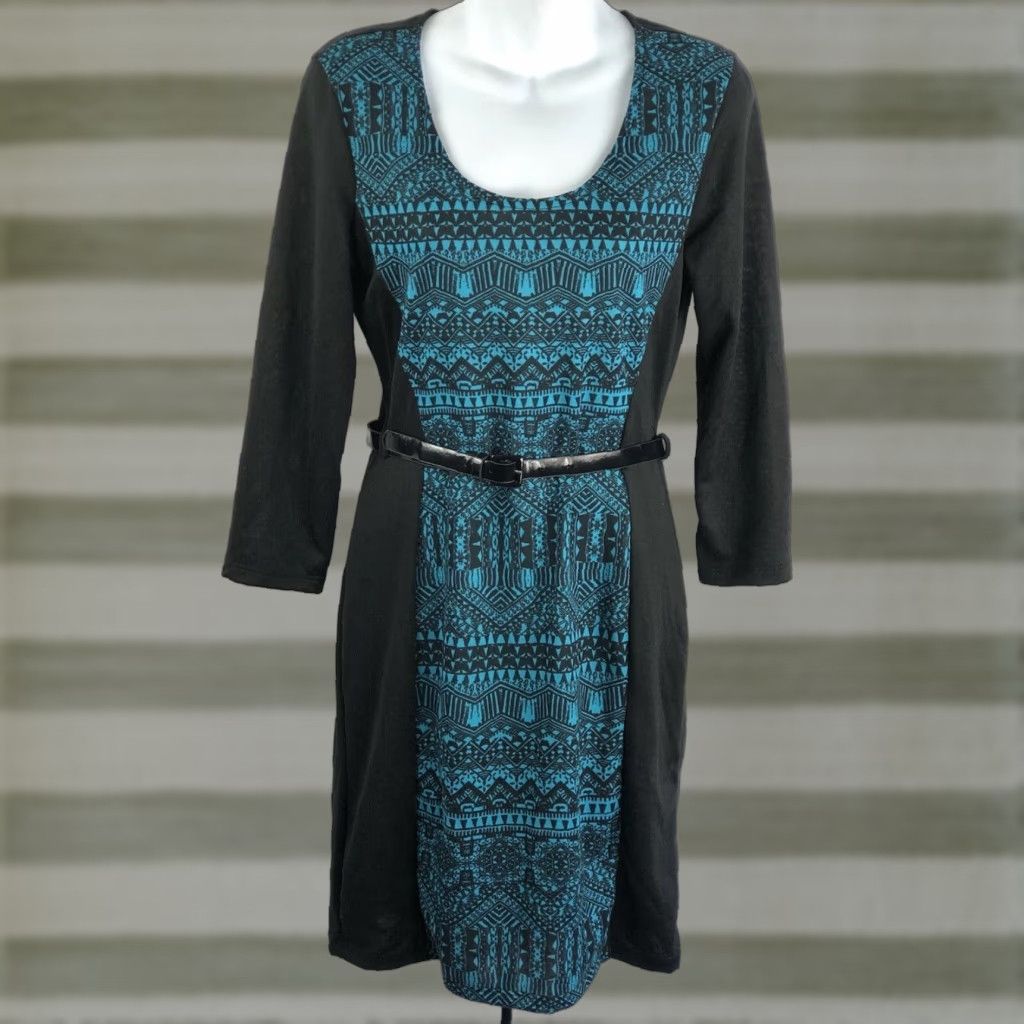 Vintage Bobbie Brooks Sweater Dress Midi S blk/teal Aztec Scoop Belt 3/4 Sleeve Academia Women Dressing Size S / US 4 / IT 40 - 1 Thumbnail