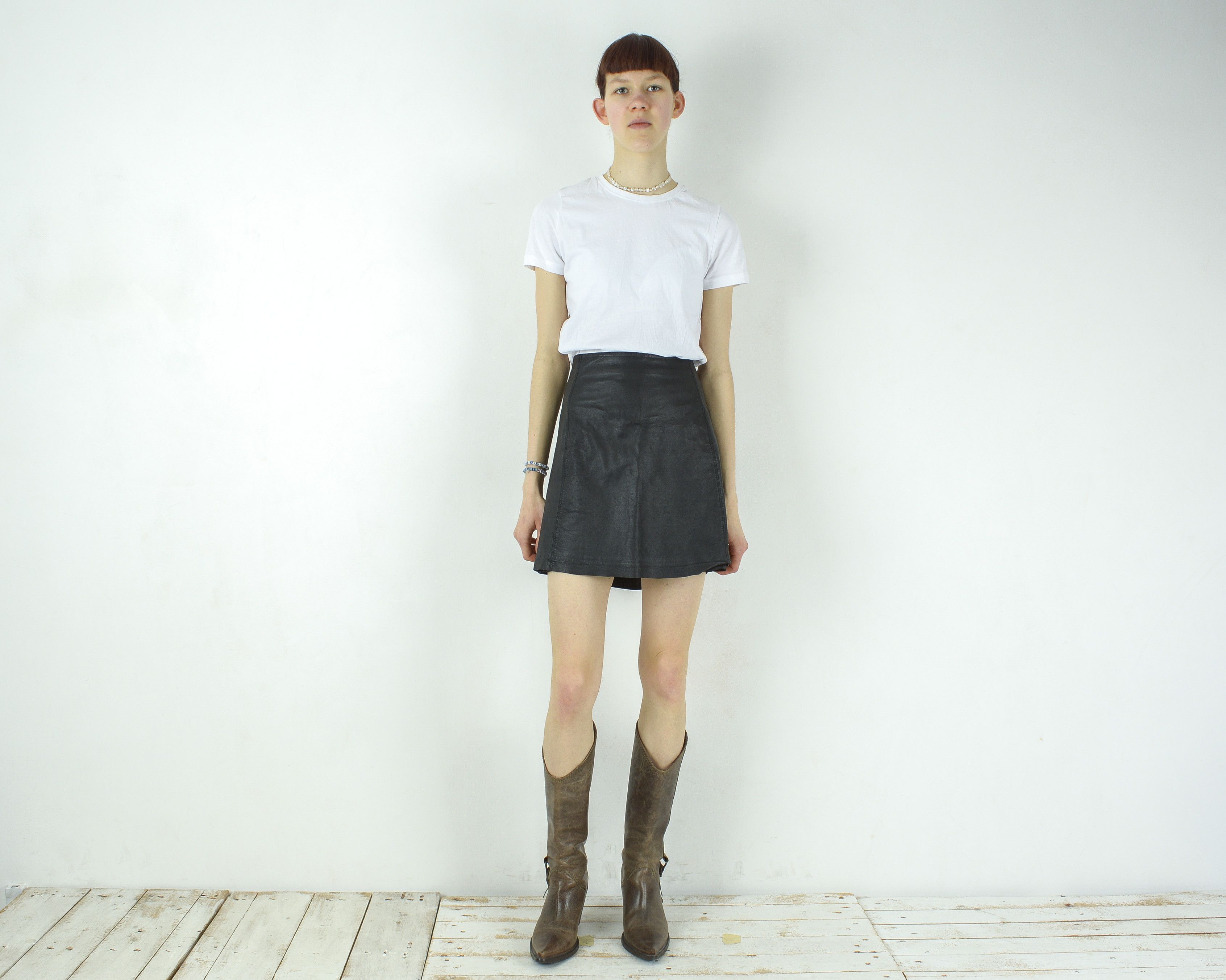 Genuine Leather × Vintage COSTES Genuine Leather Mini Skirt High Waist Black Rocker Size 31" - 1 Thumbnail