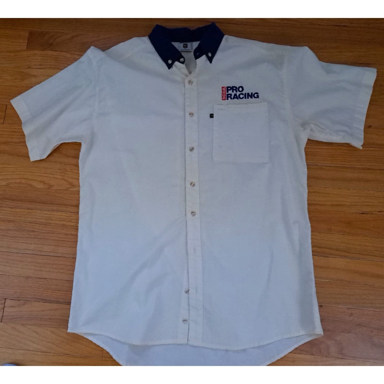 4SDESIGNS Exquisite Designs SCCA Pro Racing Embroidered Button-Up Shirt L USA Cotton Short Sleeve Cream Budget Canvas Mens Large — Shirt Size US L / EU 52-54 / 3 - 3 Thumbnail