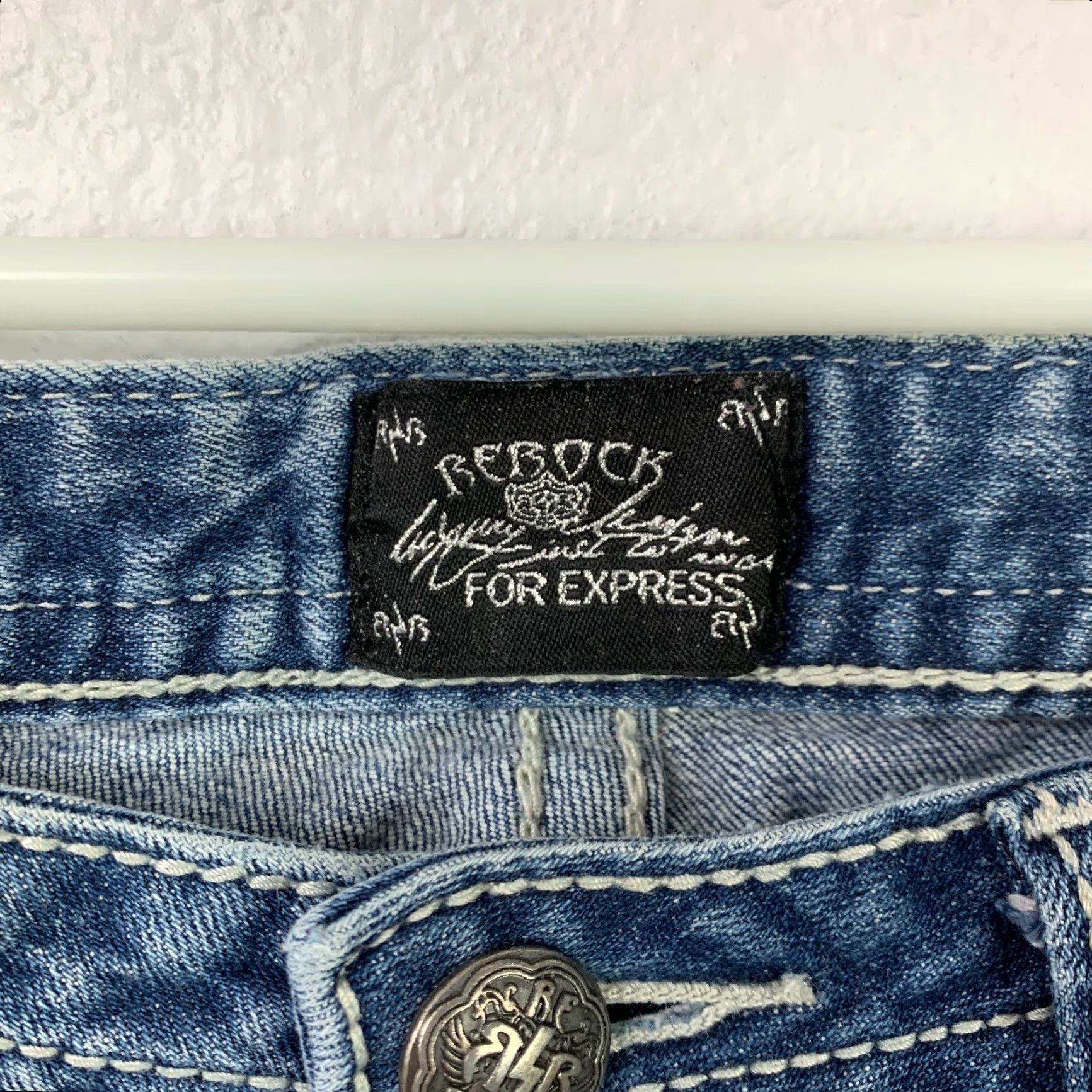 Express VINTAGE ReRock Jeans Express Rerock Skinny 6 Tall Blue Denim 5-Pocket Design Womens Jeans Long Rise Low 6L Size 29" - 4 Thumbnail