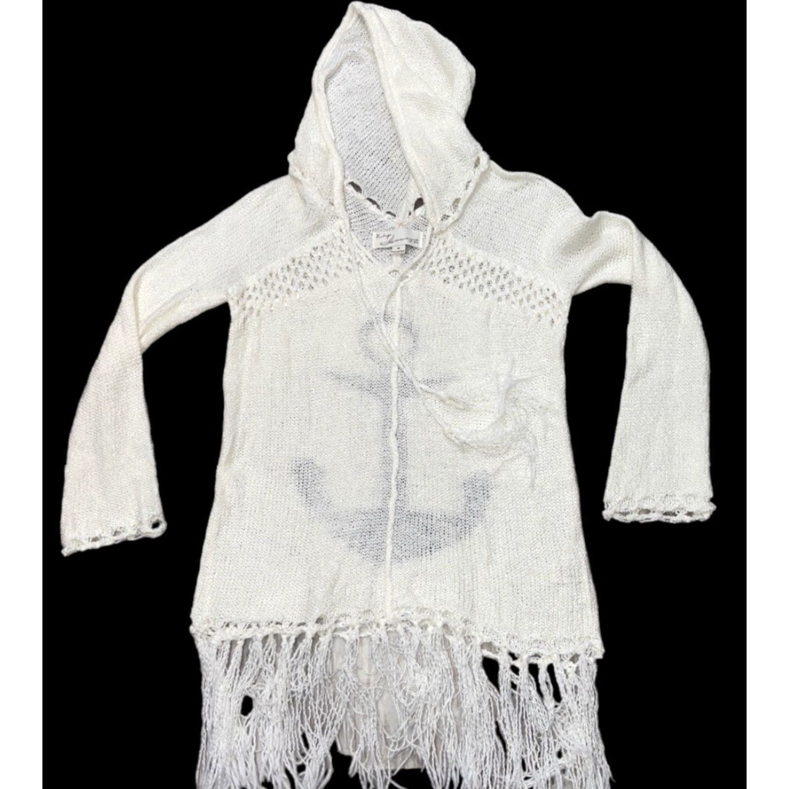 Vintage Havana VINTAGE Vintage Havana Sweater Women M Ivory Anchor Fringe Hem Knitted Open-Knit V-Neck Hooded Pullover Casual Boating Sailing - Mens? Size M / US 6-8 / IT 42-44 - 3 Thumbnail