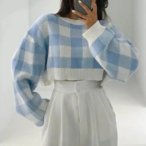 image of Vintage Pullovers Women Checkerboard Crop Knit Sweater in Blue (Size Small)