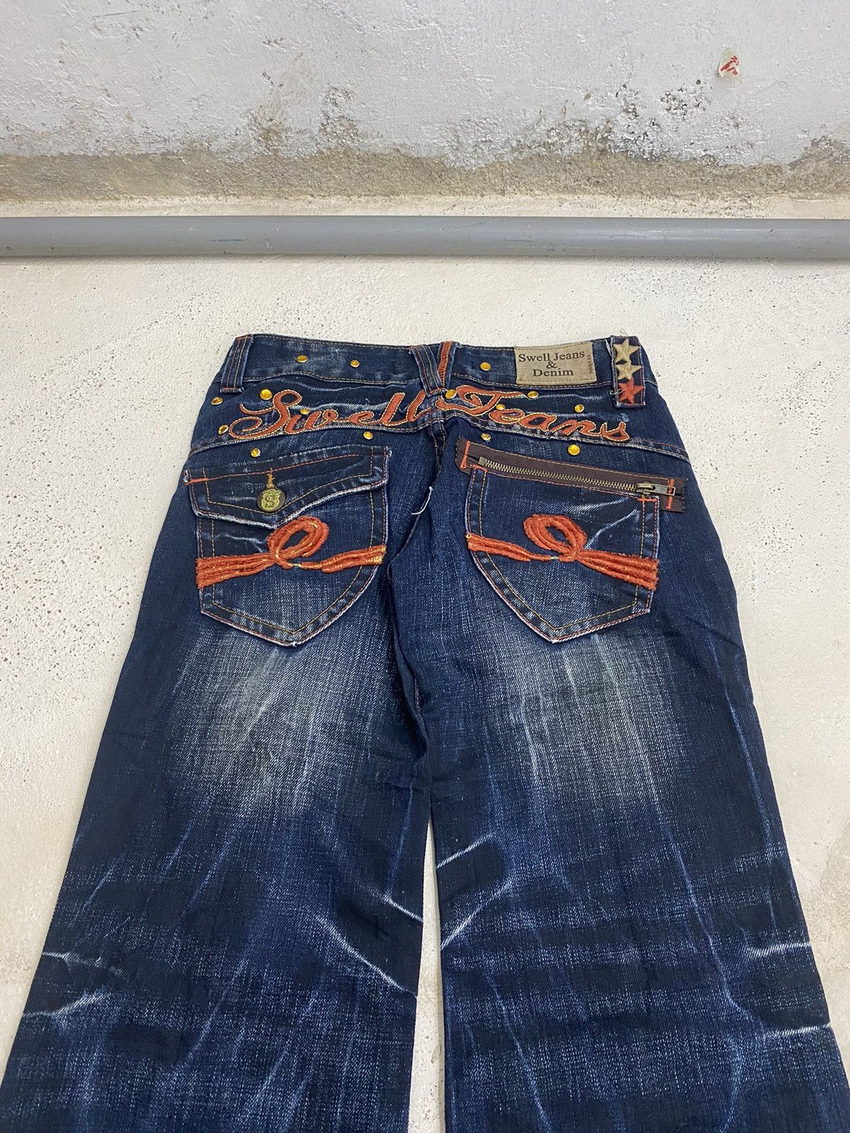 If Six Was Nine Swell Orange Embroidery Art Mud Wash Blue Way Baggy Wide Leg Size US 28 / EU 44 - 9 Thumbnail