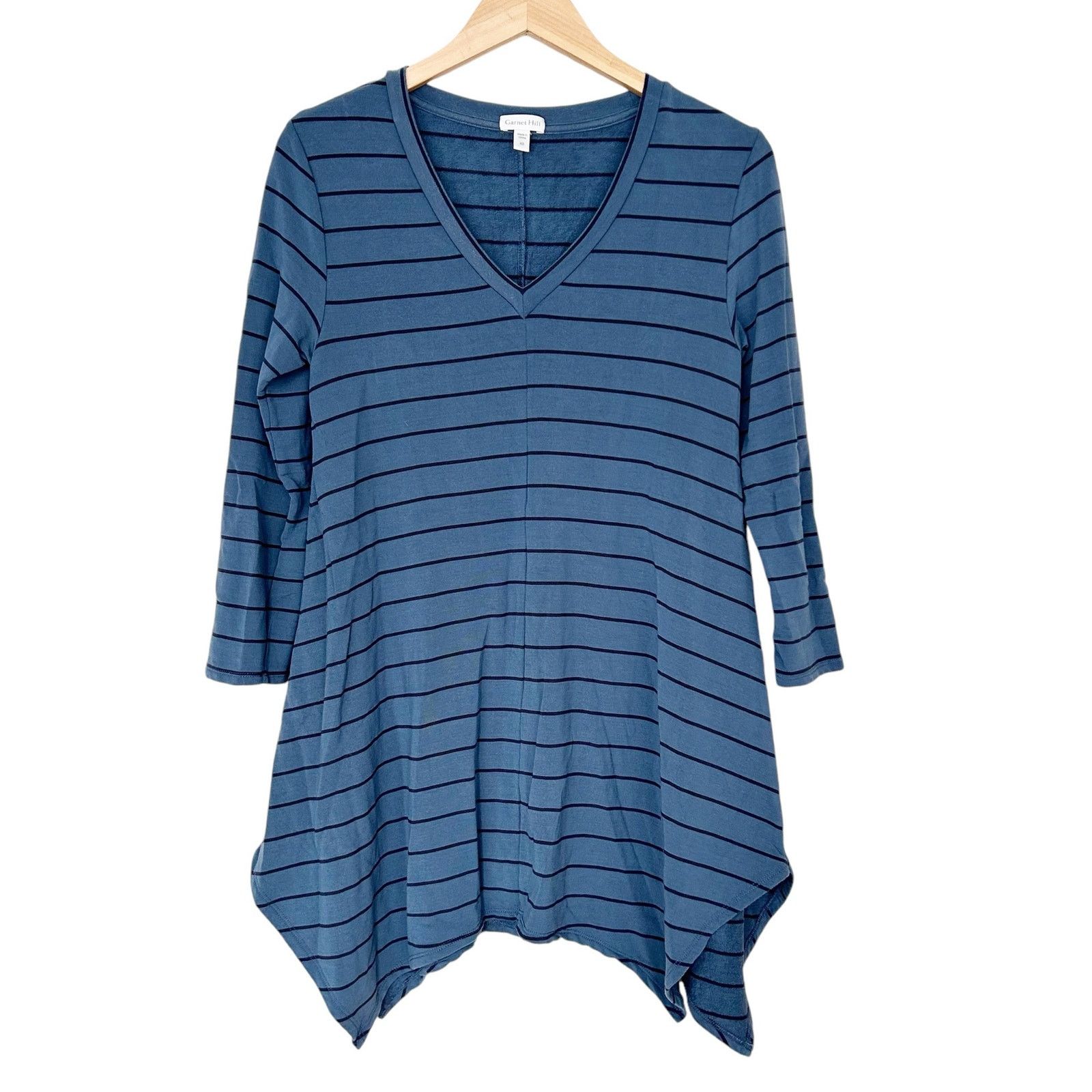 Other Garnet Hill Blue Striped Asymmetrical 3/4 Sleeve Shirt Sz XS Size XS / US 0-2 / IT 36-38 - 1 Thumbnail