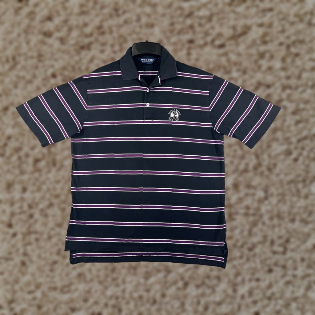Polo Ralph Lauren VINTAGE Polo Shirt Polo Ralph Lauren Polo Mens Small Black Purple Stripe Pebble Beach Pima Size US S / EU 44-46 / 1 - 1 Thumbnail