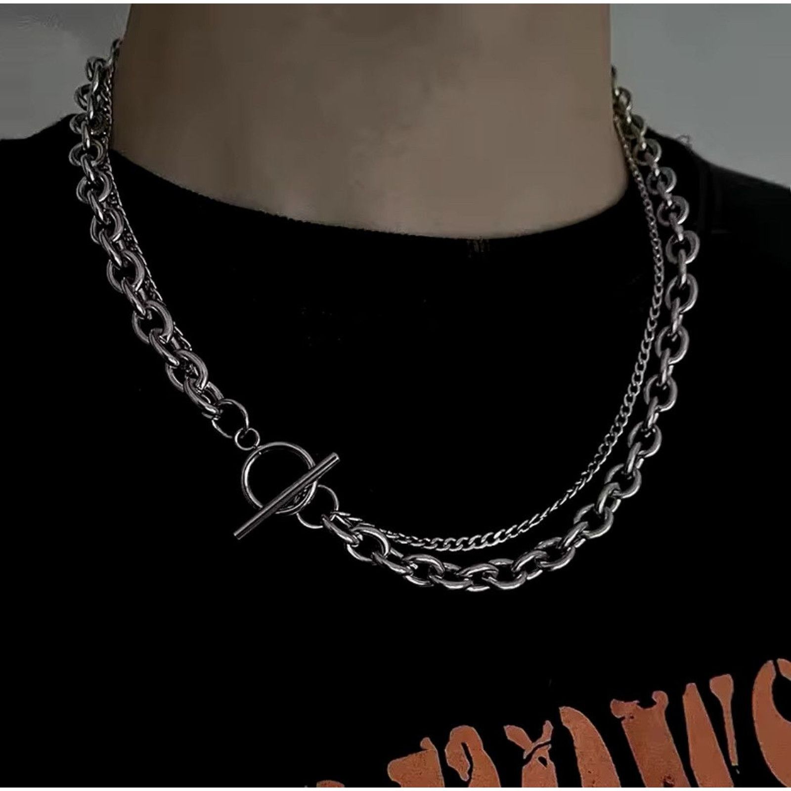Jewelry Double Chain Necklace Pop Punk Y2K in Silver, Men's